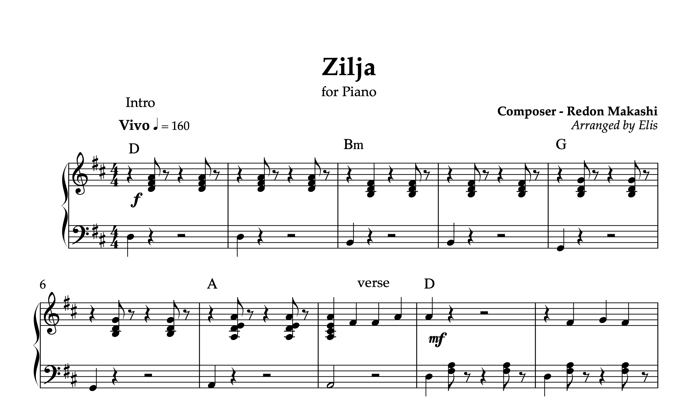 Zilja, Piano sheet + chords