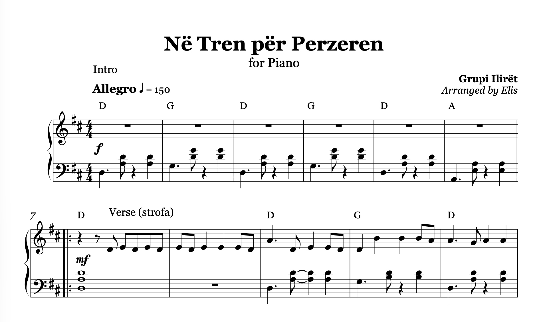 Në Tren për Perzeren, Albanian Piano Sheet Music
