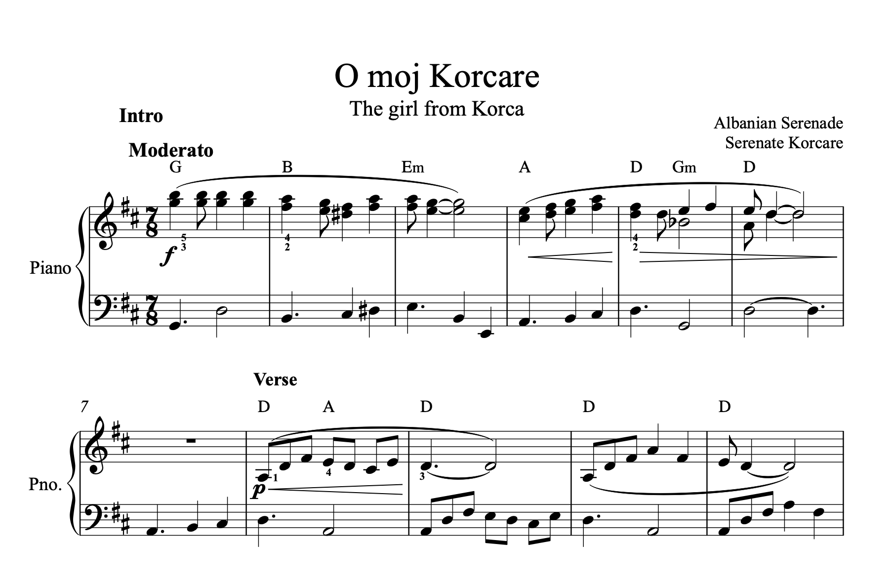 O moj Korcare, Albanian Piano Sheet Music