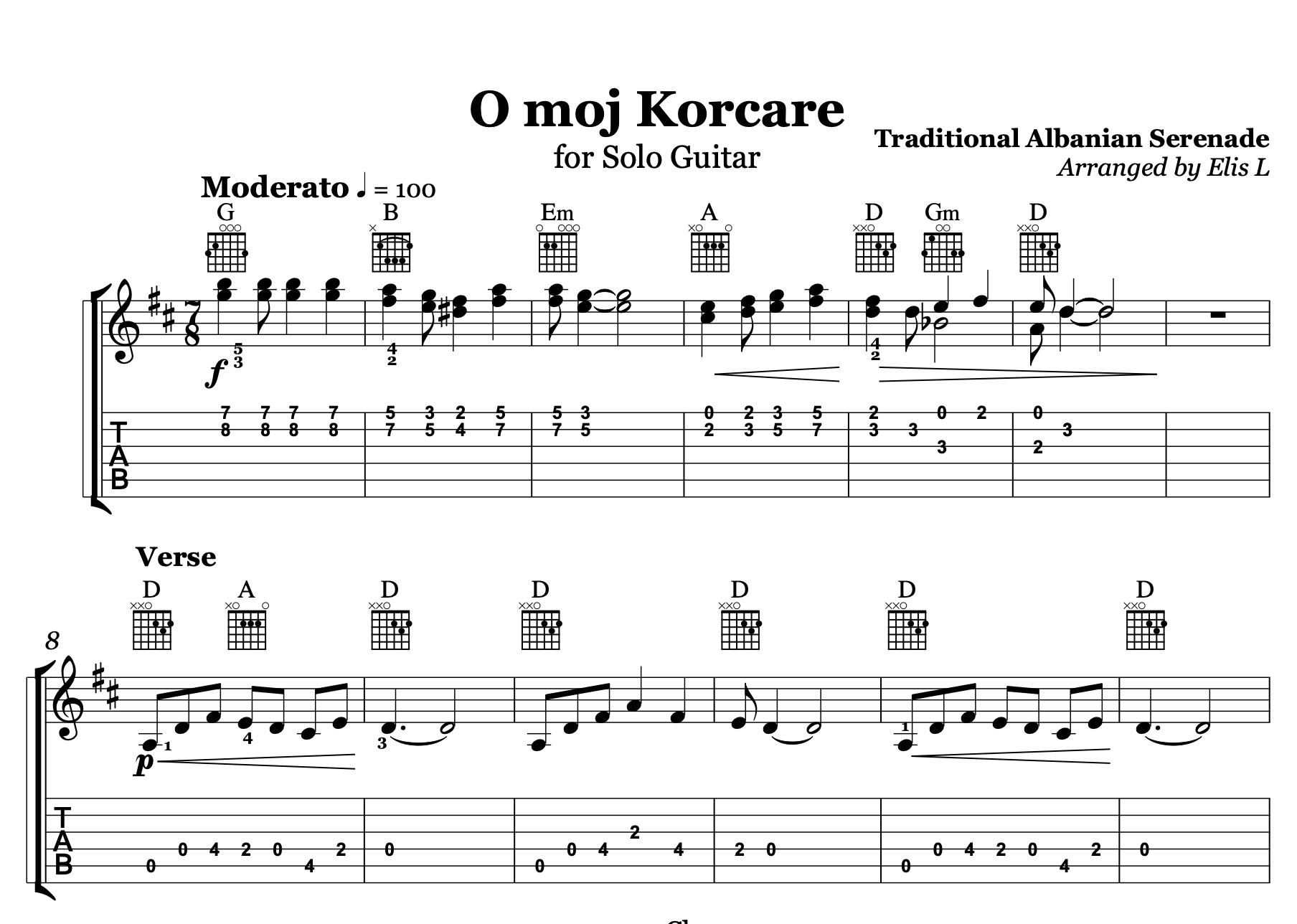 O Moj Korçare - Albanian Guitar Sheet Music