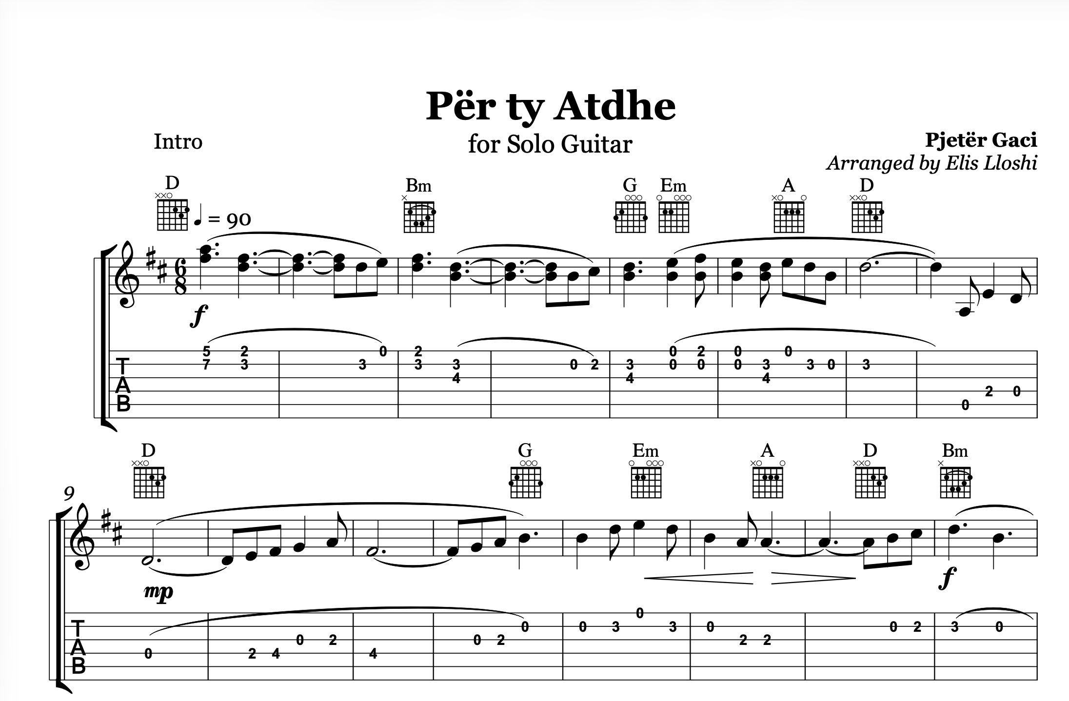 Per ty atdhe - Albanian Guitar Sheet Music