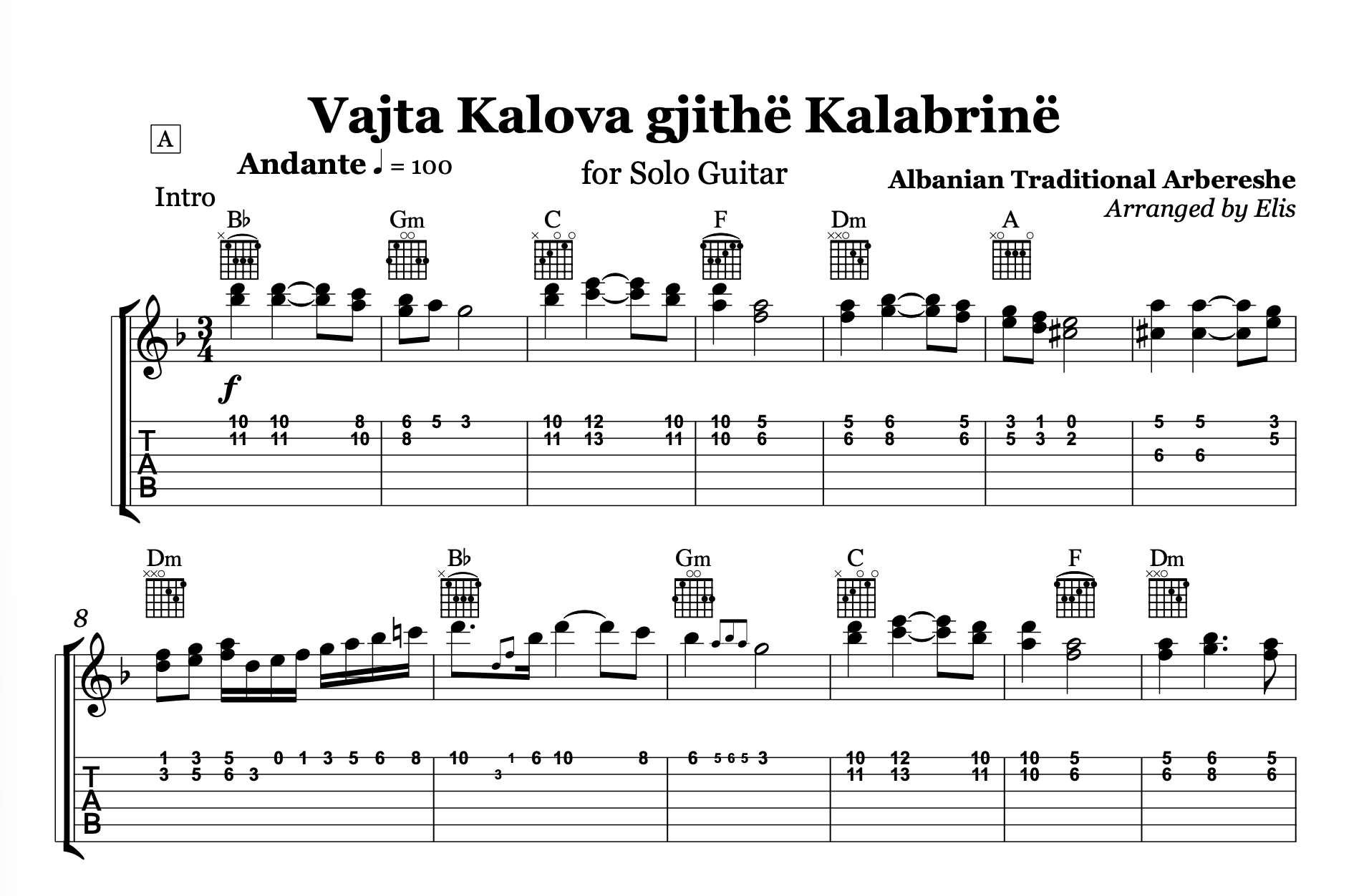 Sheet music for a solo guitar arrangement of 'Vajta Kalova gjithè Kalabriné' with tablature.