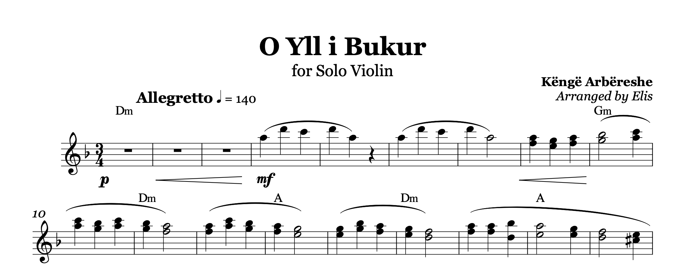 O Yll i Bukur, Albanian Violin Sheet Music