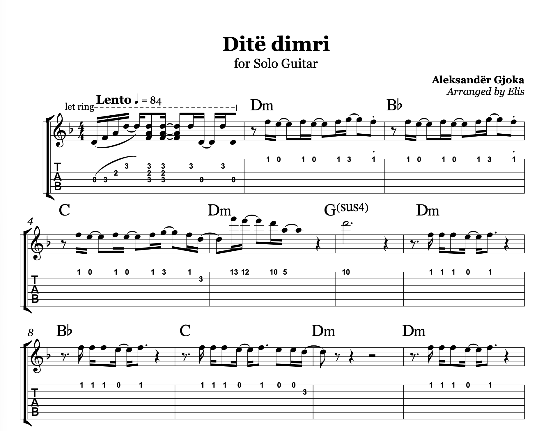 Ditë dimri, Albanian Guitar Sheet Music
