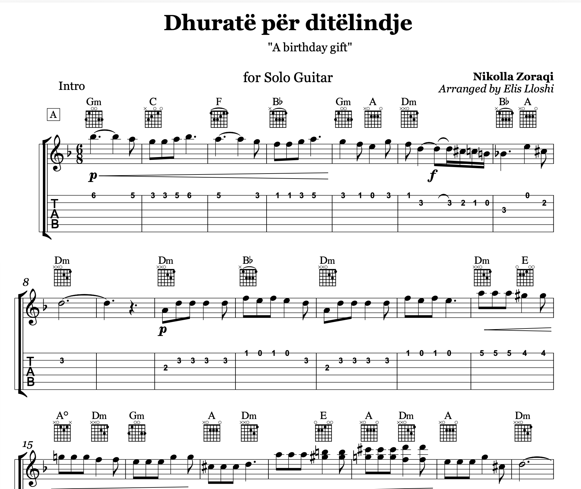Dhuratë për ditëlindje, Albanian Guitar Sheet Music