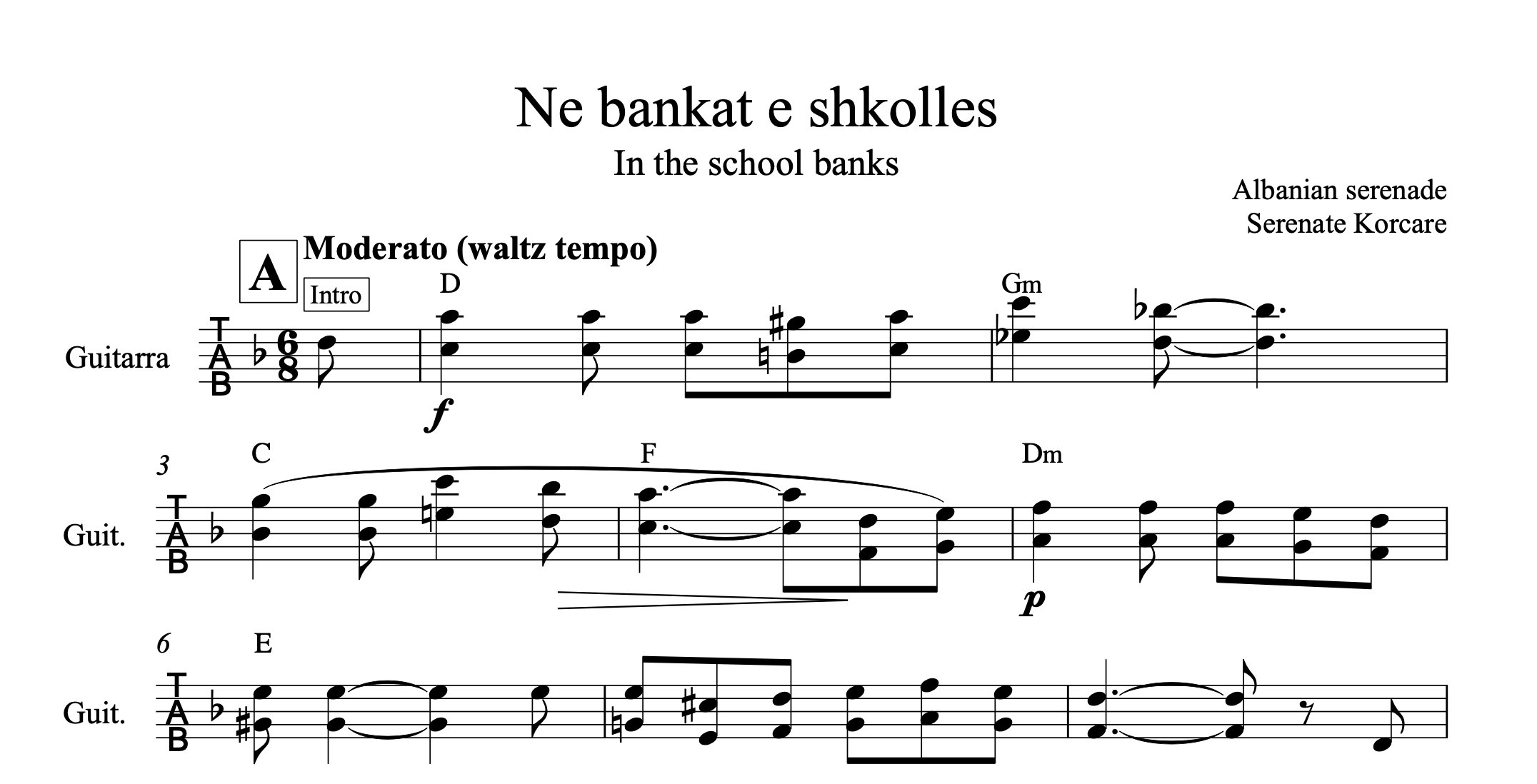 Ne bankat e shkolles, Albanian Guitar Sheet Music