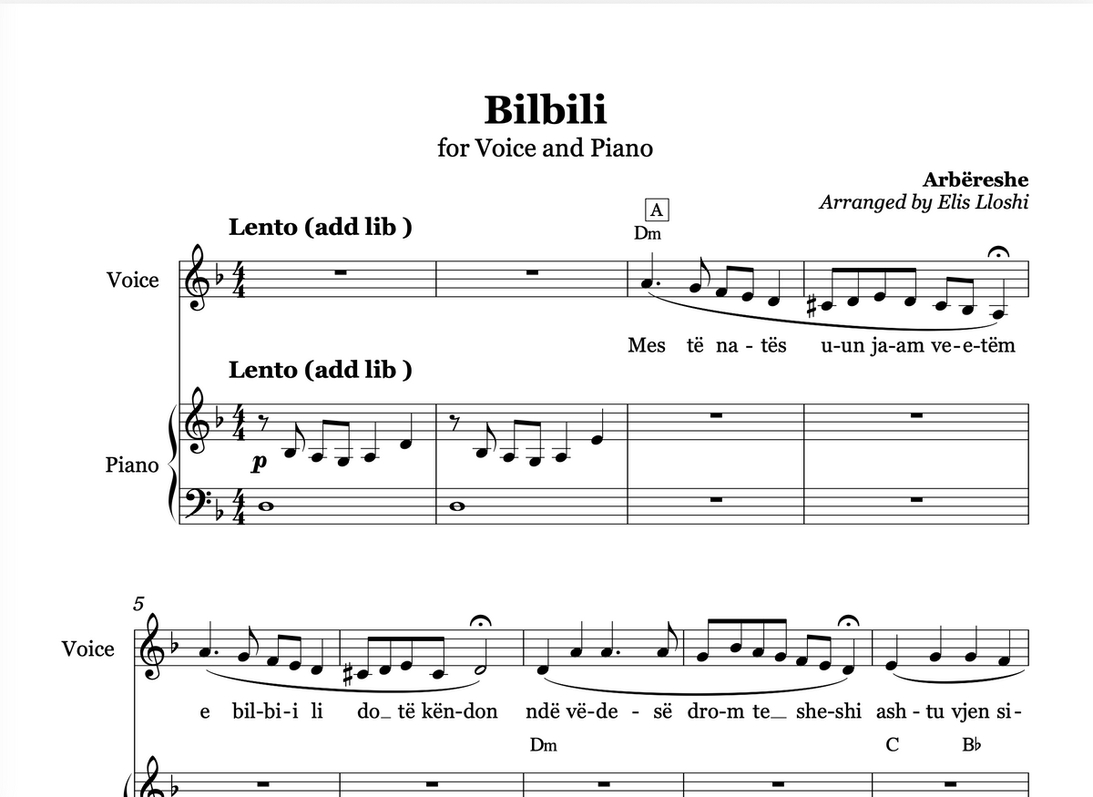 Bilbili - Arbëreshe - Piano and Voice Sheet Music