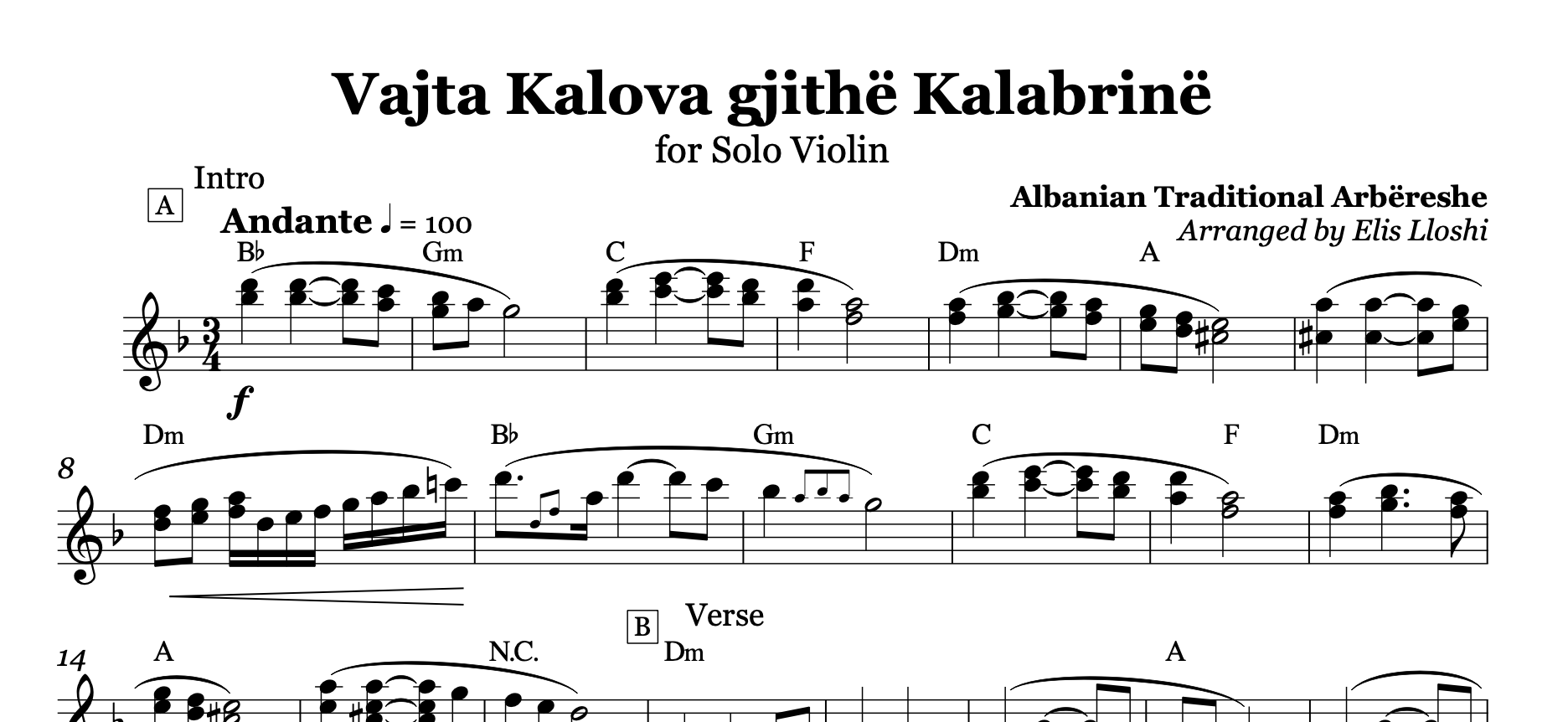 Vajta kalova gjithë Kalabrinë - Lule lule macë macë, Albanian Violin Sheet Music