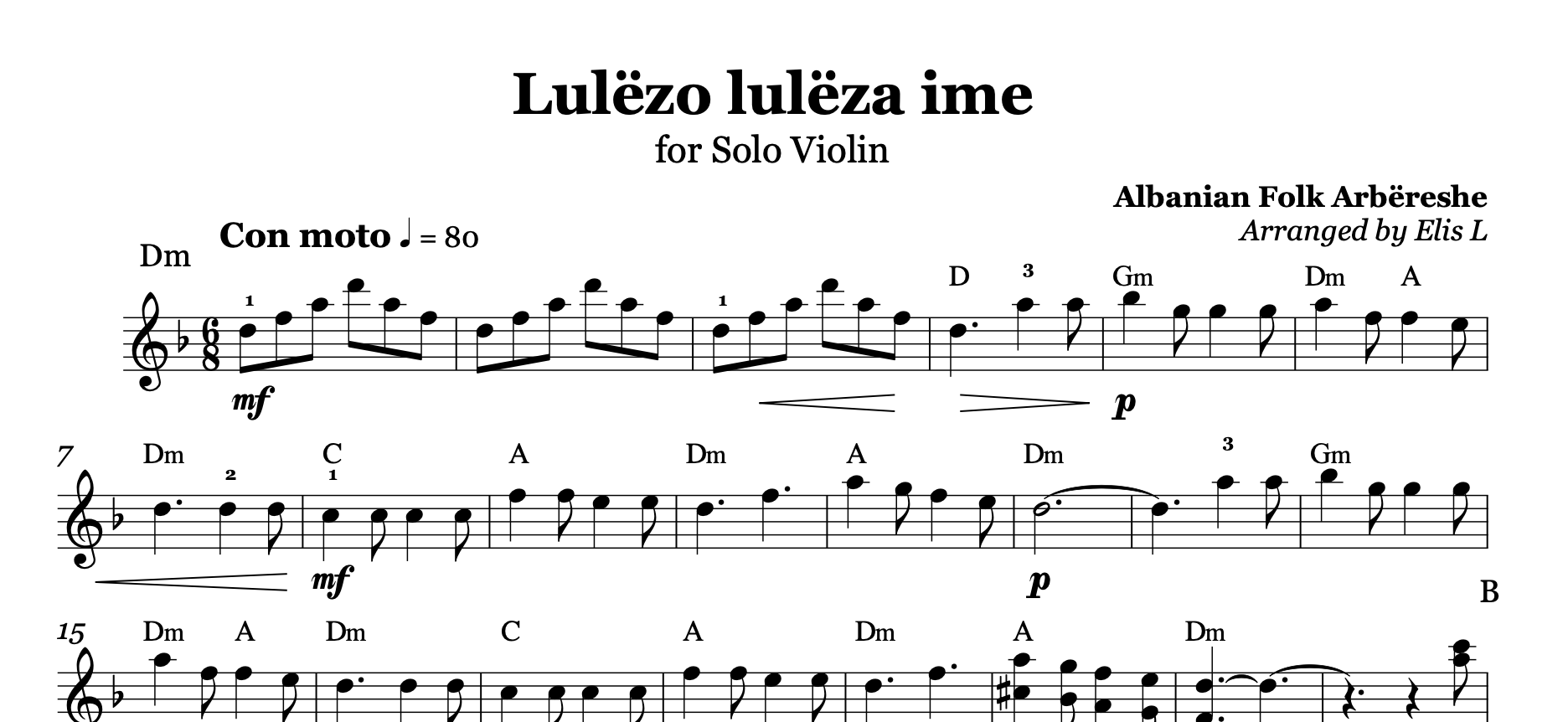 Luleza ime, Albanian Violin Sheet Music