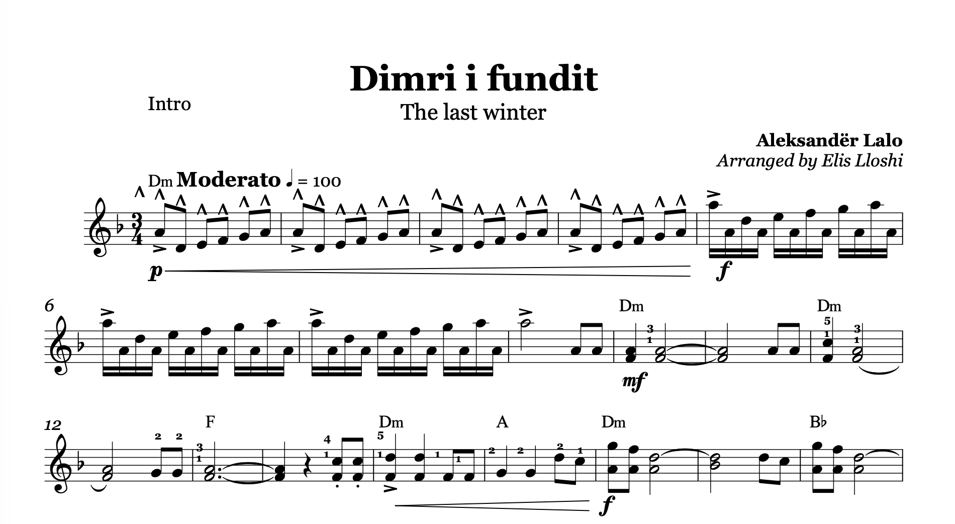 Dimri i fundit,  Albanian Violin Sheet Music