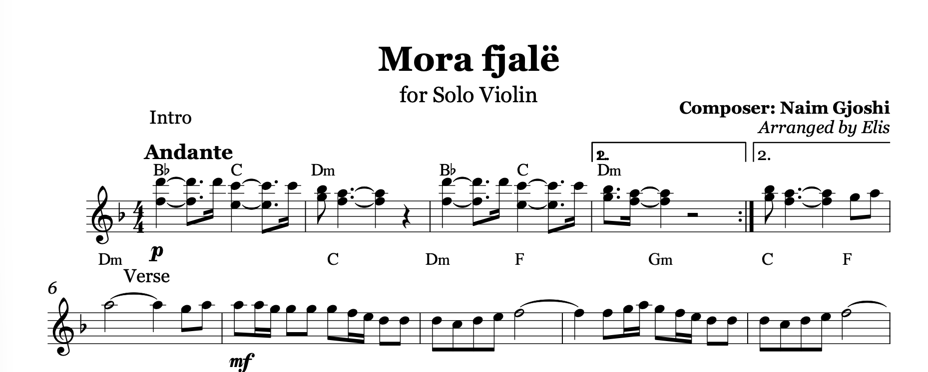 Mora fjalë, Violin Sheet Music
