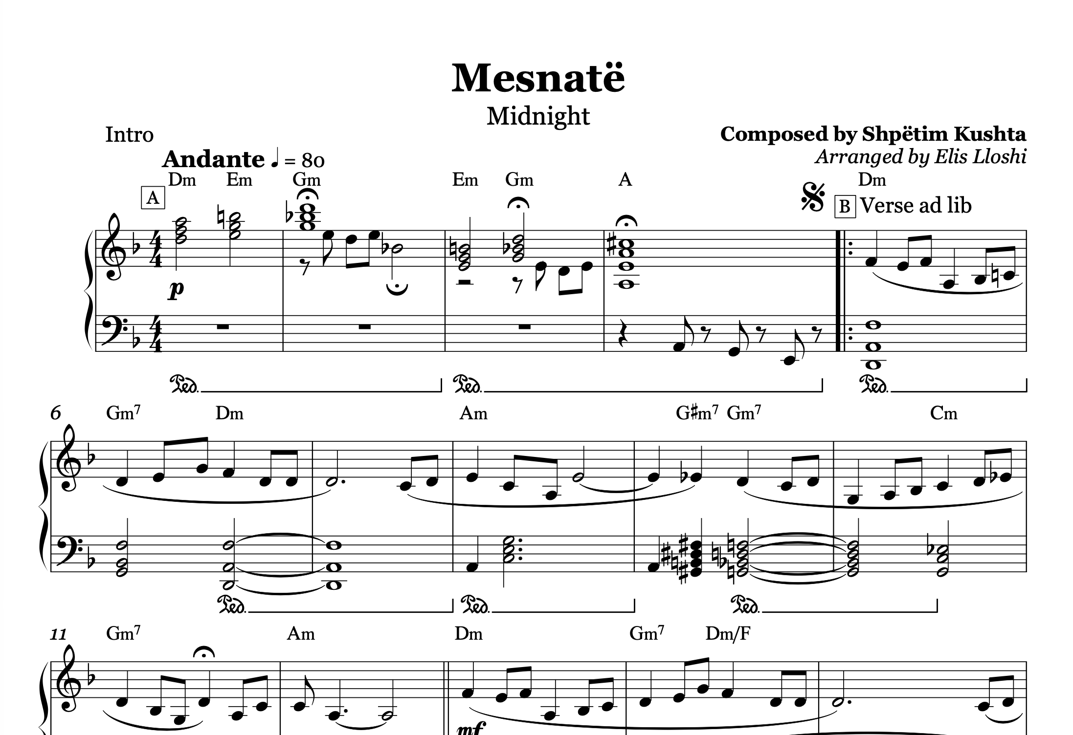Mesnatë – Vaçe Zela Piano Sheet Music PDF (Intermediate Level)