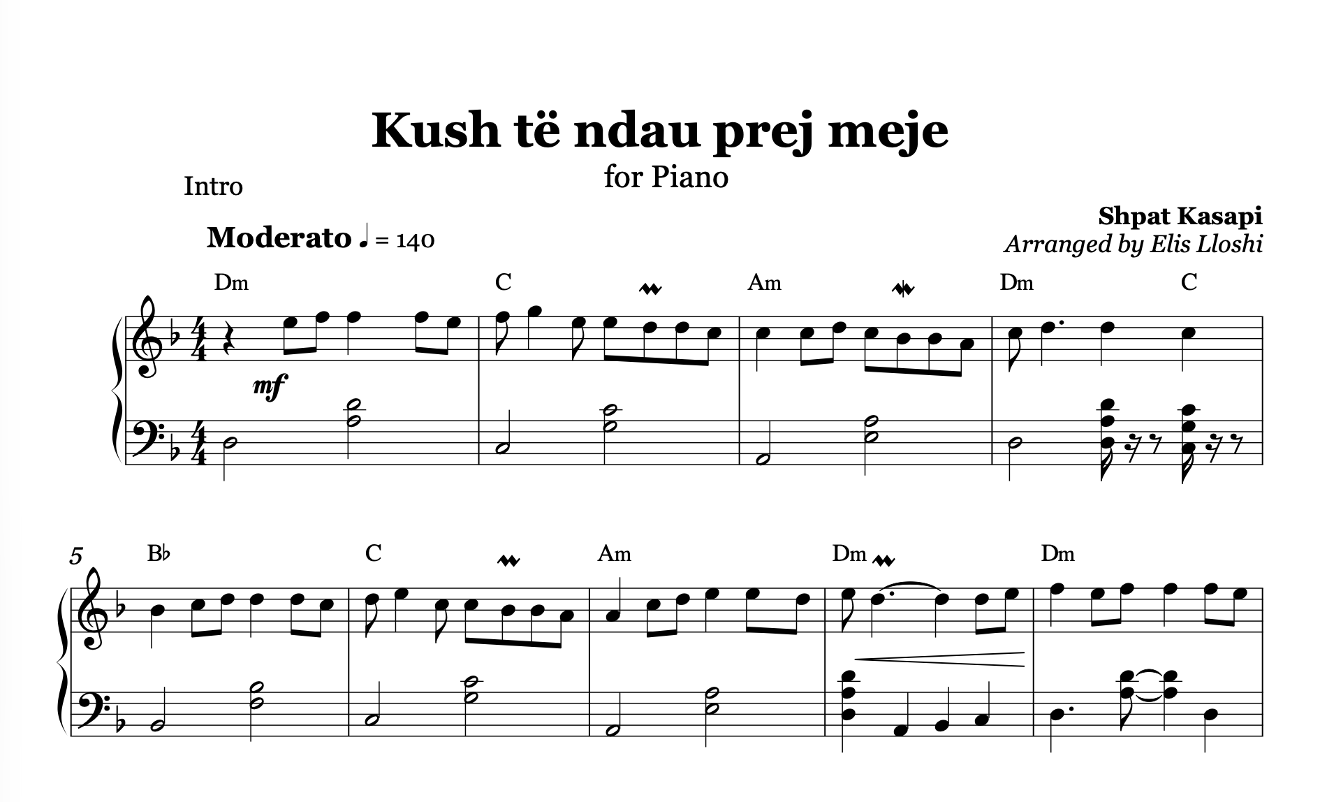 Kush të ndau prej meje, Albanian Piano Sheet Music