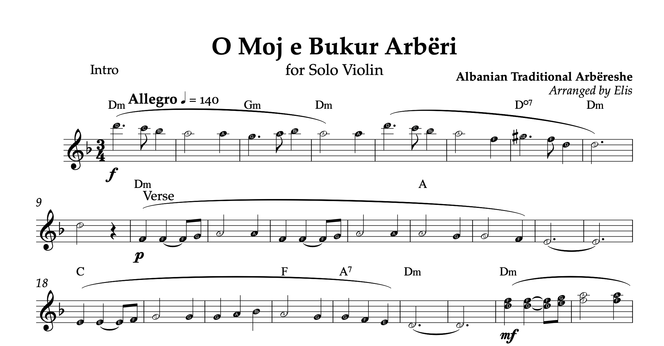 O Moj e Bukur Arbëri, Violin Sheet Music and Chords
