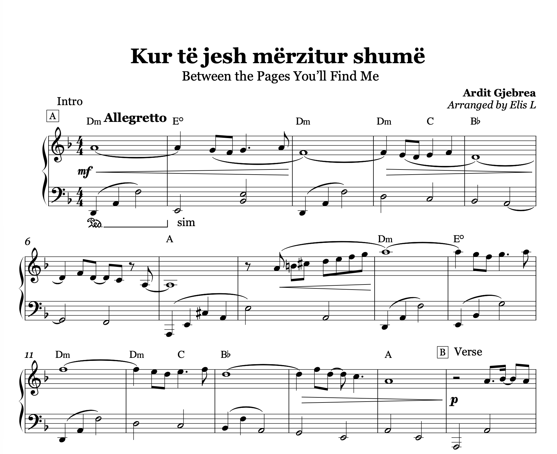 Kur të jesh mërzitur shumë, Albanian Piano Sheet Music