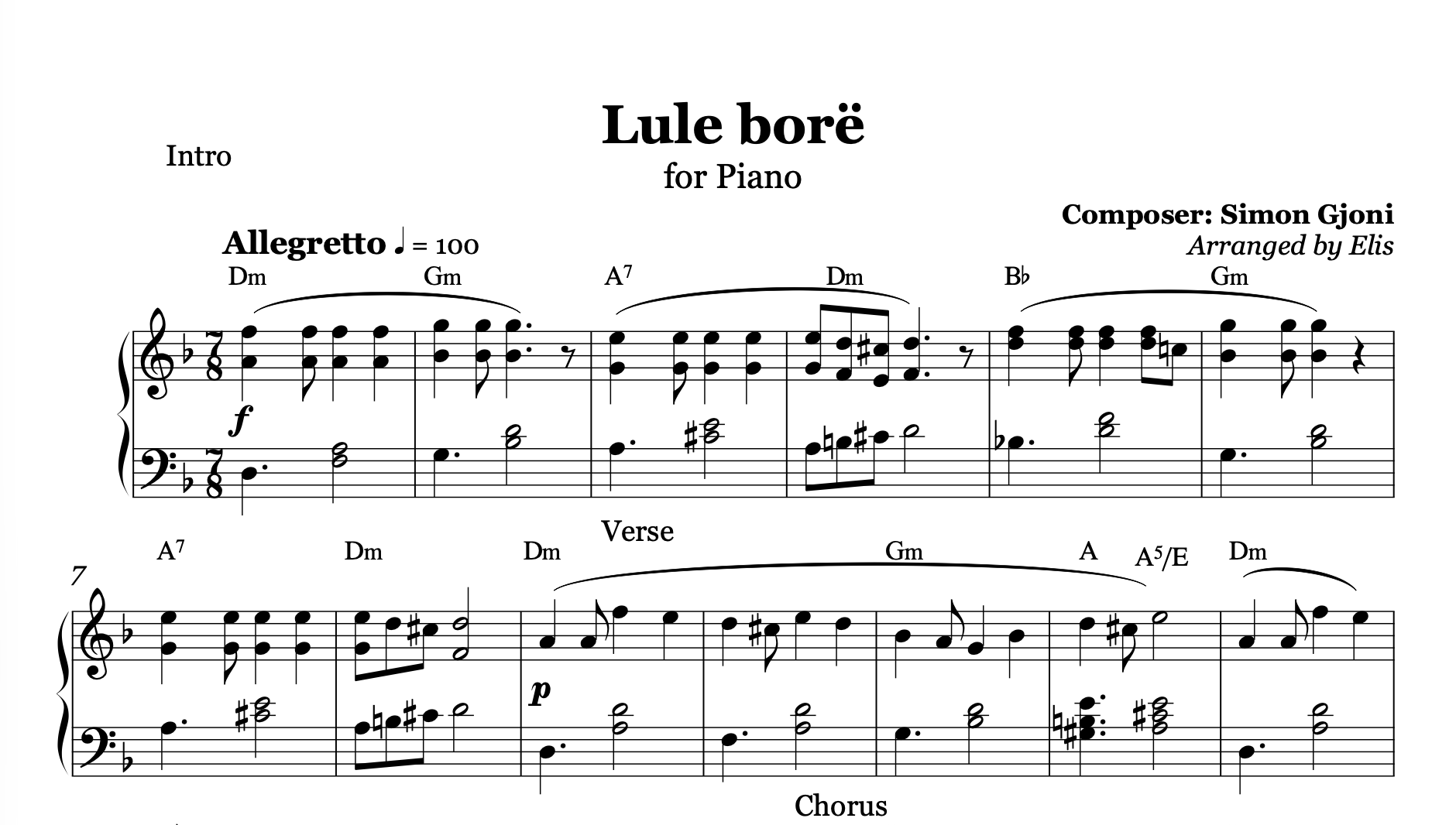 Lule Bore, Piano Sheet Music and Chords