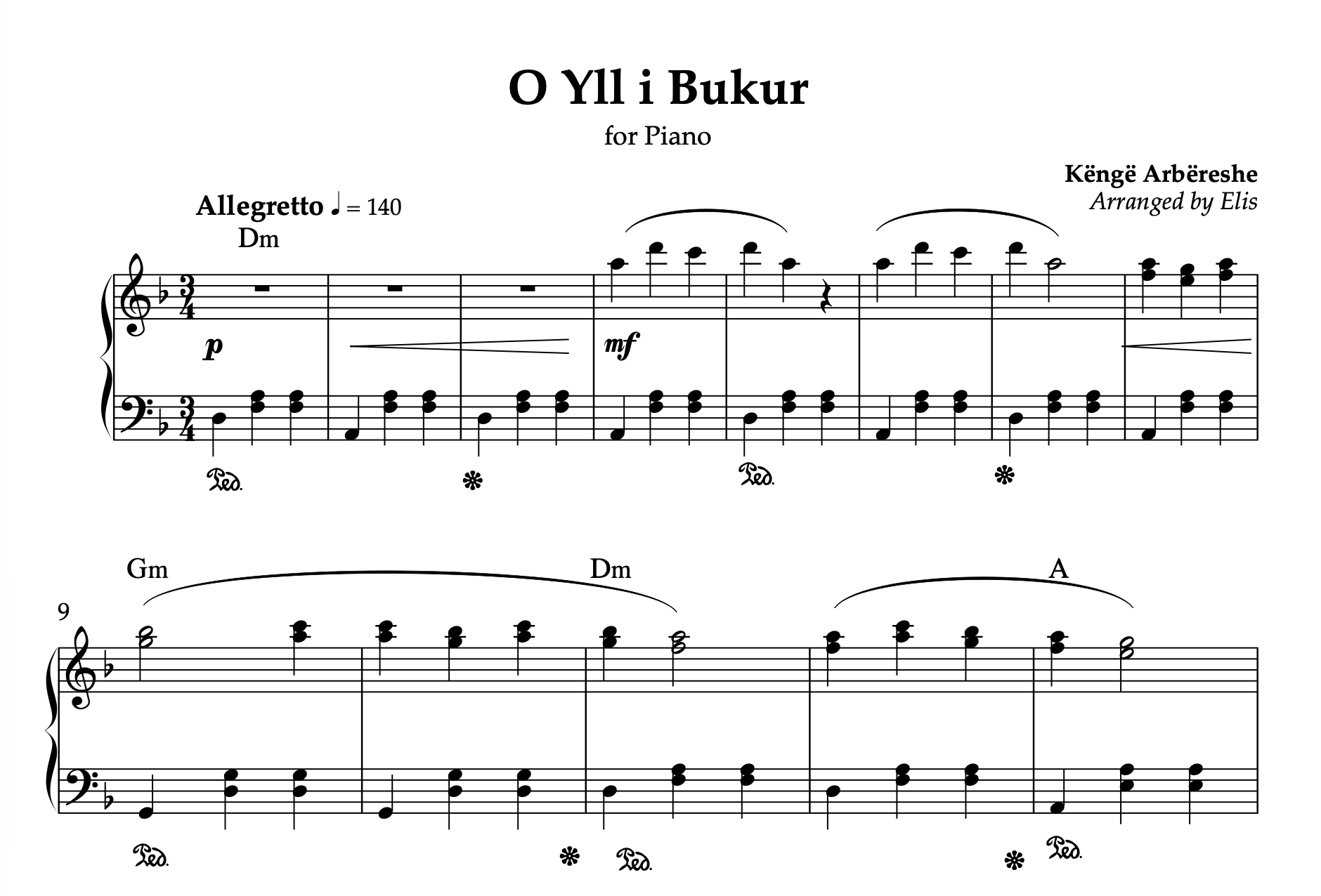 O Yll i Bukur, Albanian Piano Sheet Music