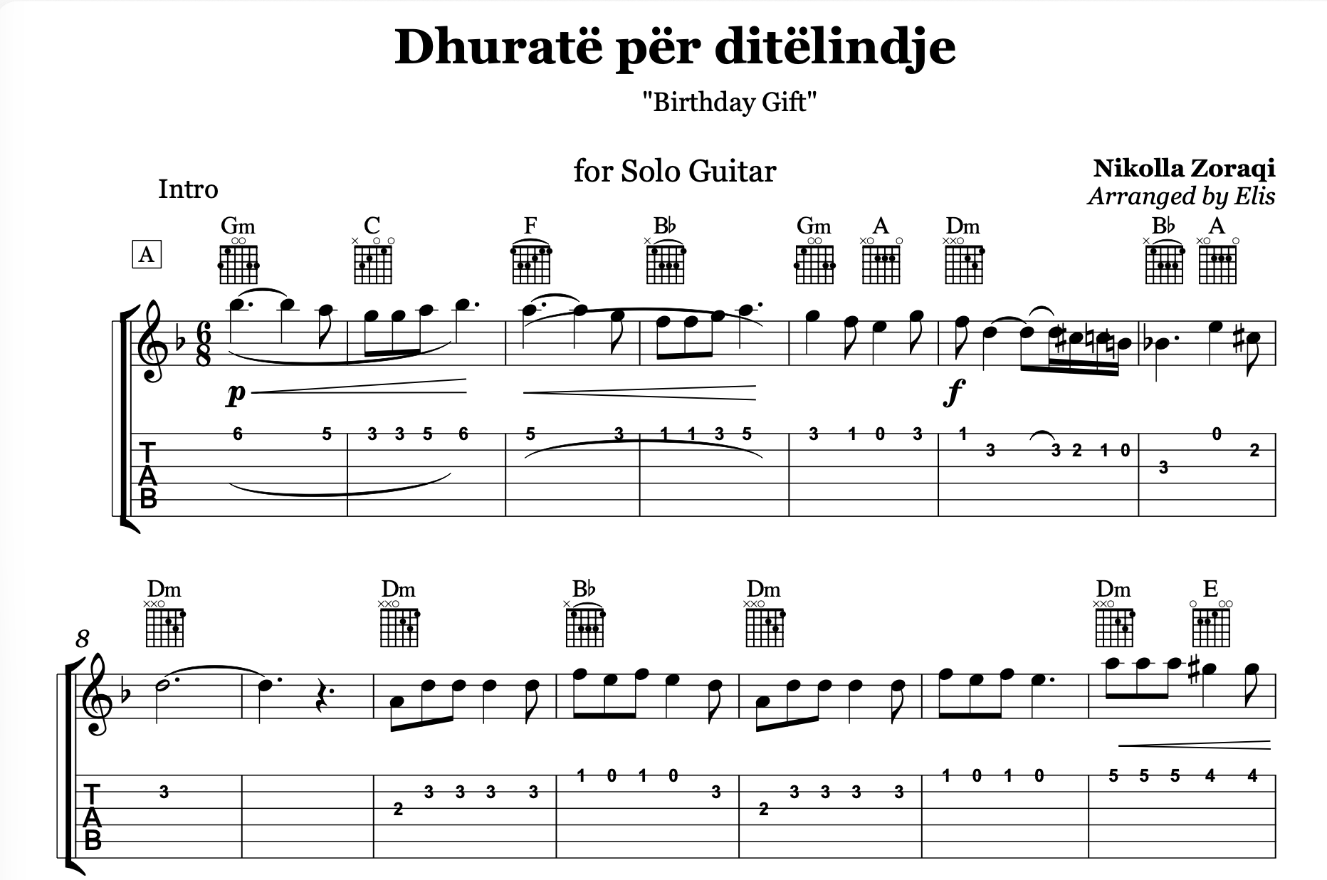 Dhuratë për ditëlindje, Guitar sheet + Chords