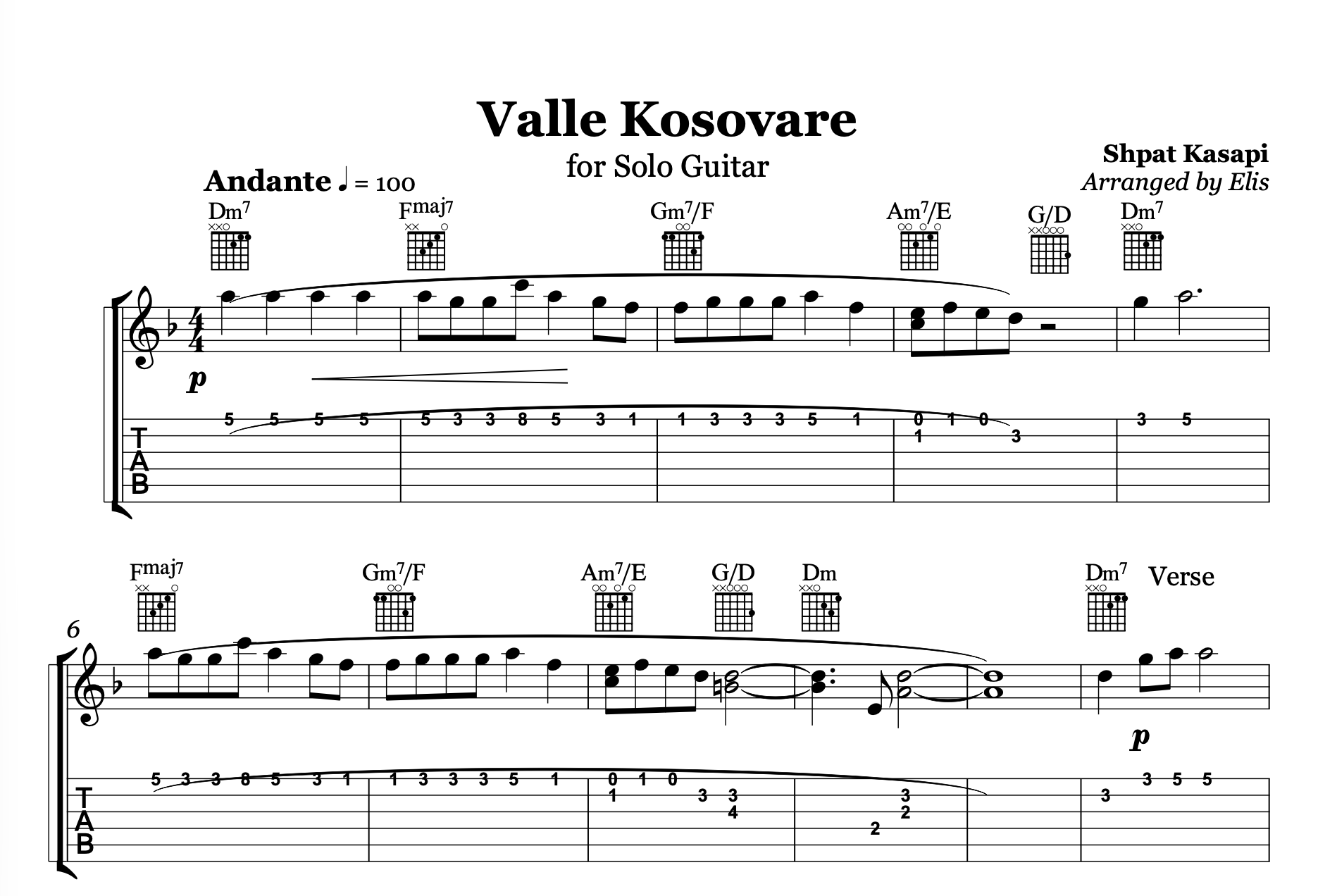 Valle Kosovare, Guitar Sheet Music and Chords