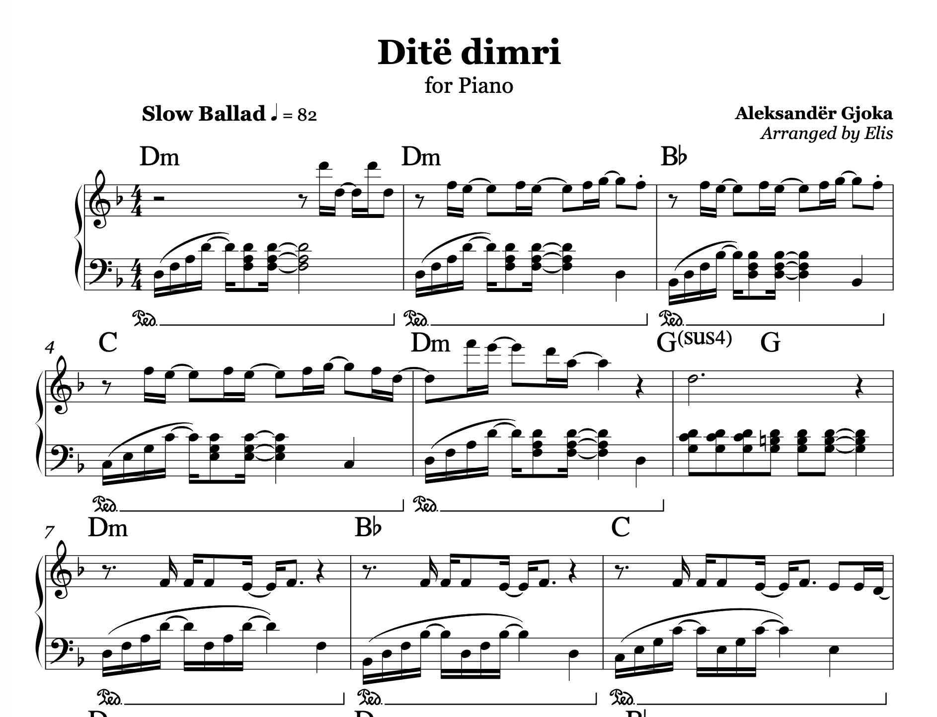 Sheet music for 'Dite dimri' arranged by Elis, with piano notation and key changes.