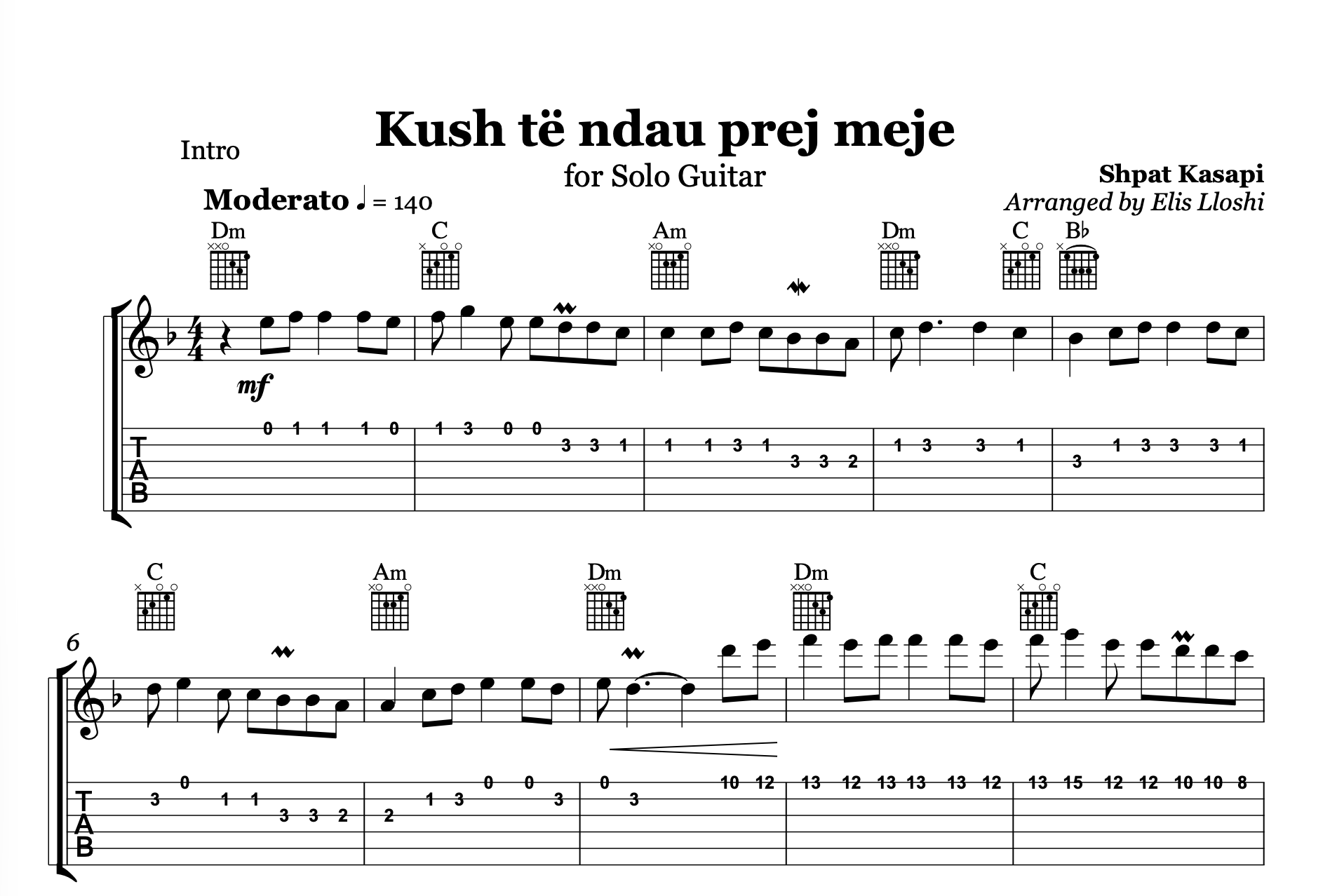 Kush të ndau prej meje, Albanian Guitar Sheet Music