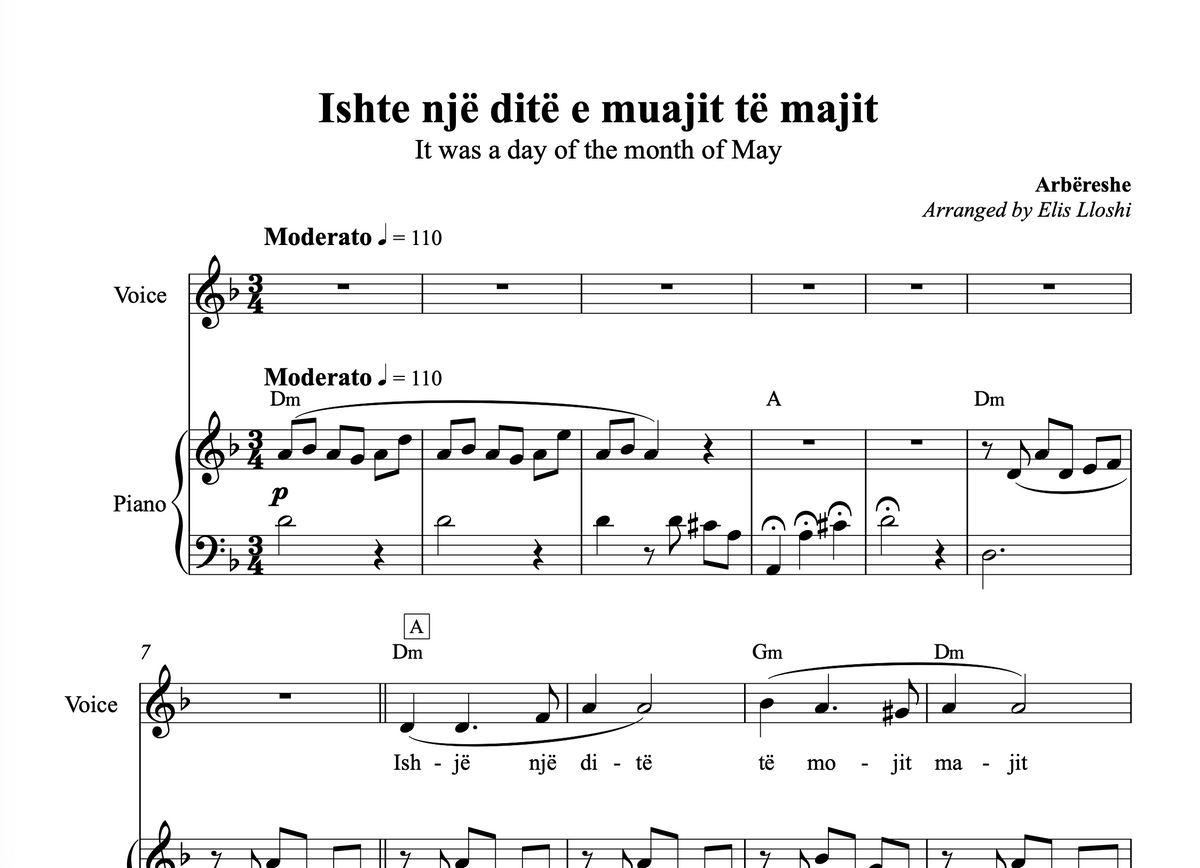 Ishte një ditë e muajit të majit - Arbëreshe - Piano and Voice Sheet Music