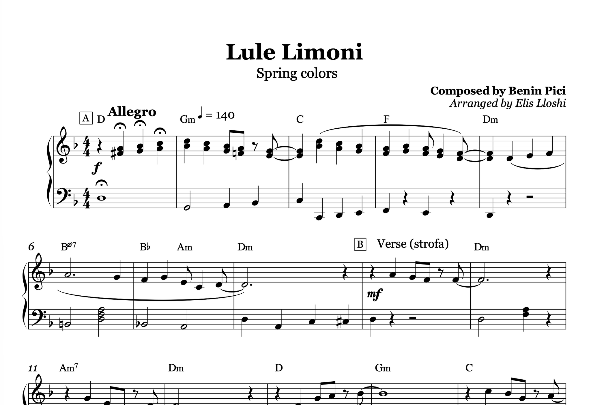 Lule Limoni – Sidrit Bejleri Piano Sheet Music PDF (Easy/Intermediate)