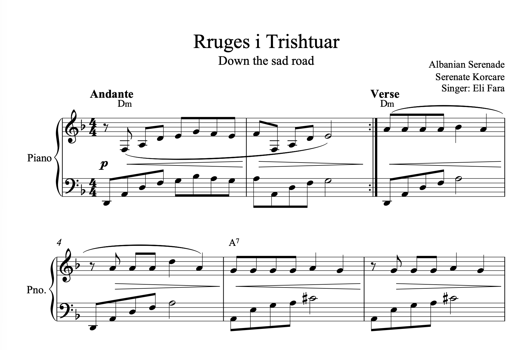 Rruges i trishtuar, Albanian Piano Sheet Music