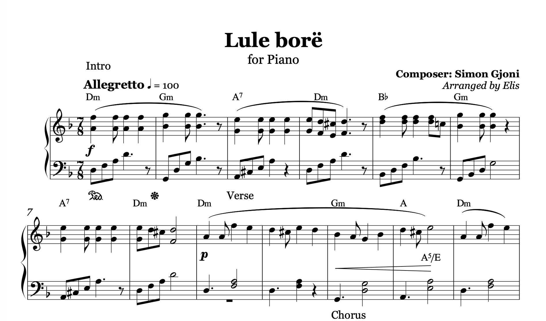 Lule Bore, Piano Sheet Music and Chords