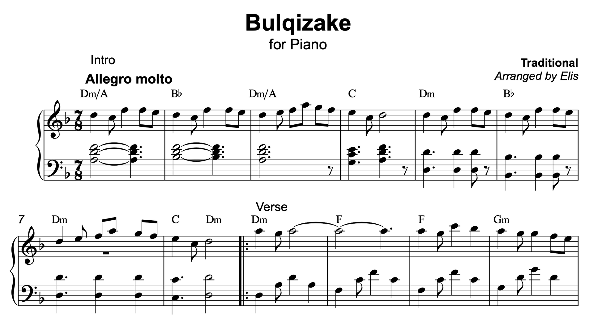 Bulqizake, Piano sheet + chords