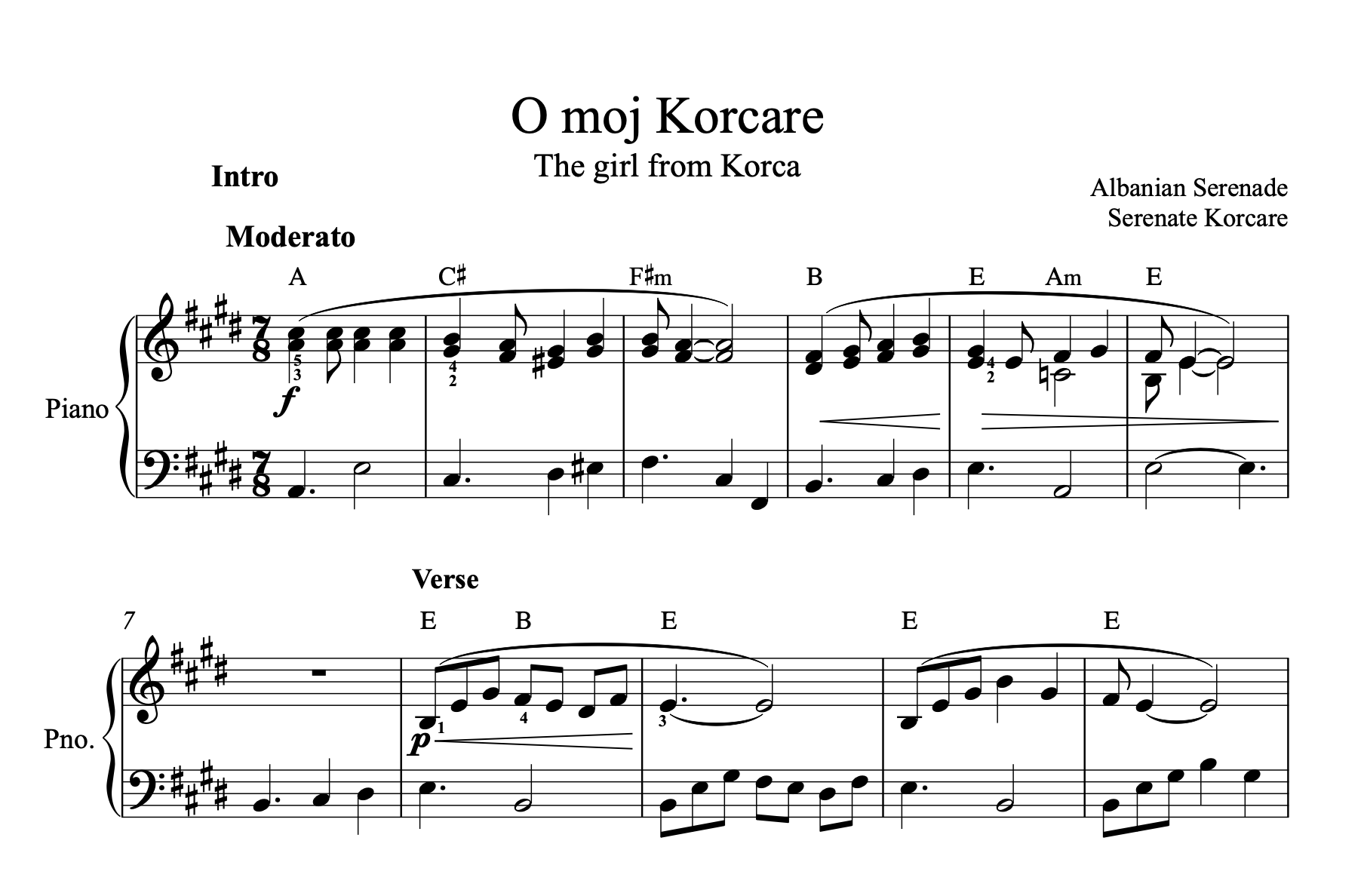 O moj Korcare, Albanian Piano Sheet Music