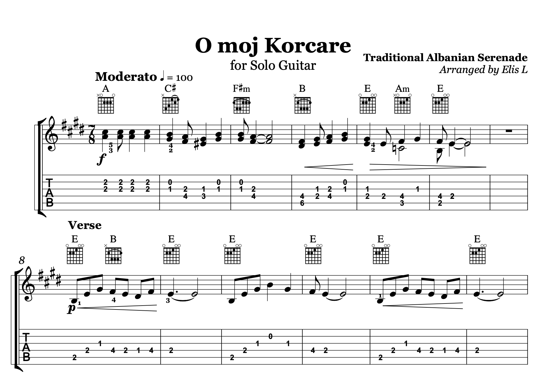 O Moj Korçare - Albanian Guitar Sheet Music