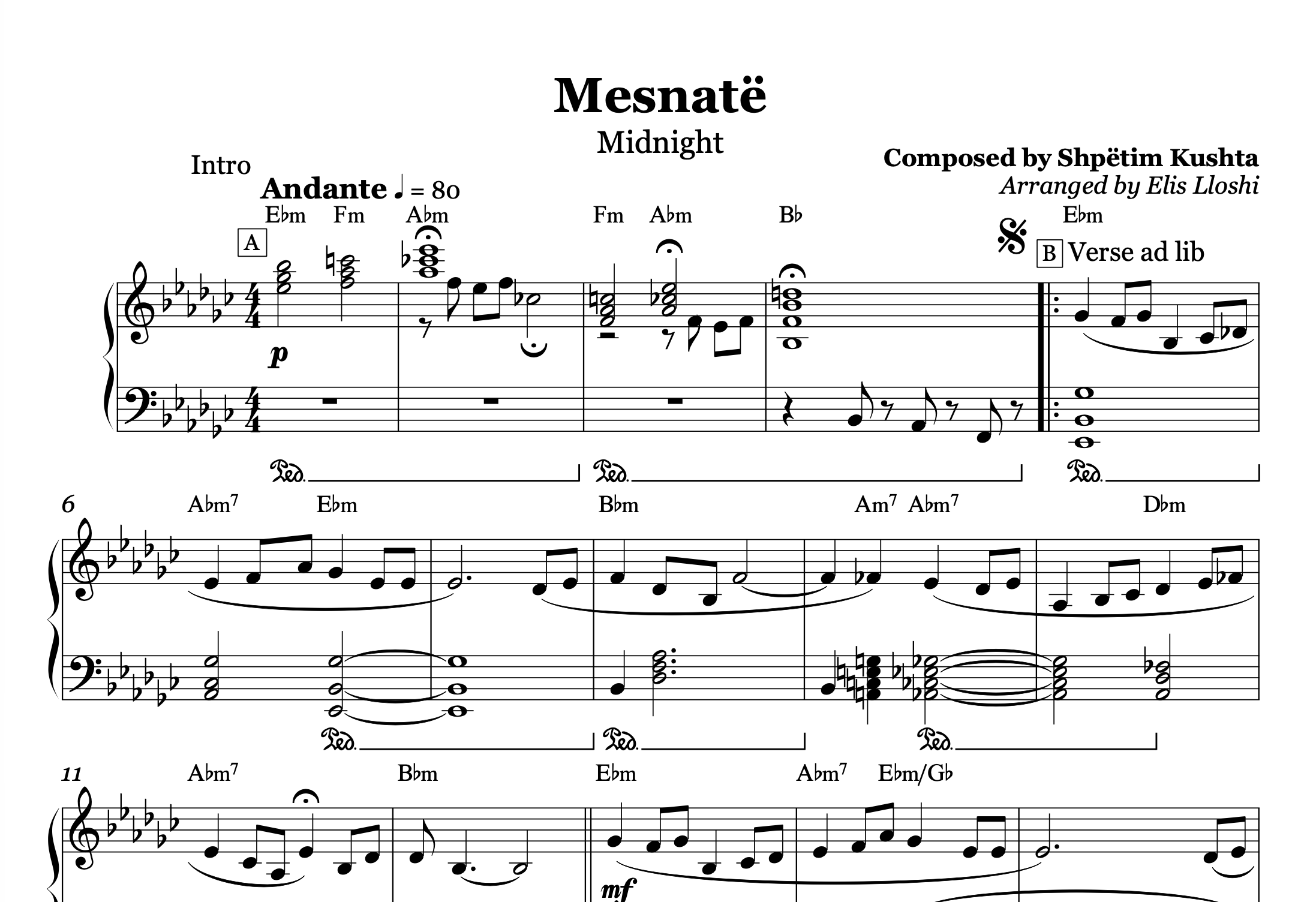 Mesnatë – Vaçe Zela Piano Sheet Music PDF (Intermediate Level)