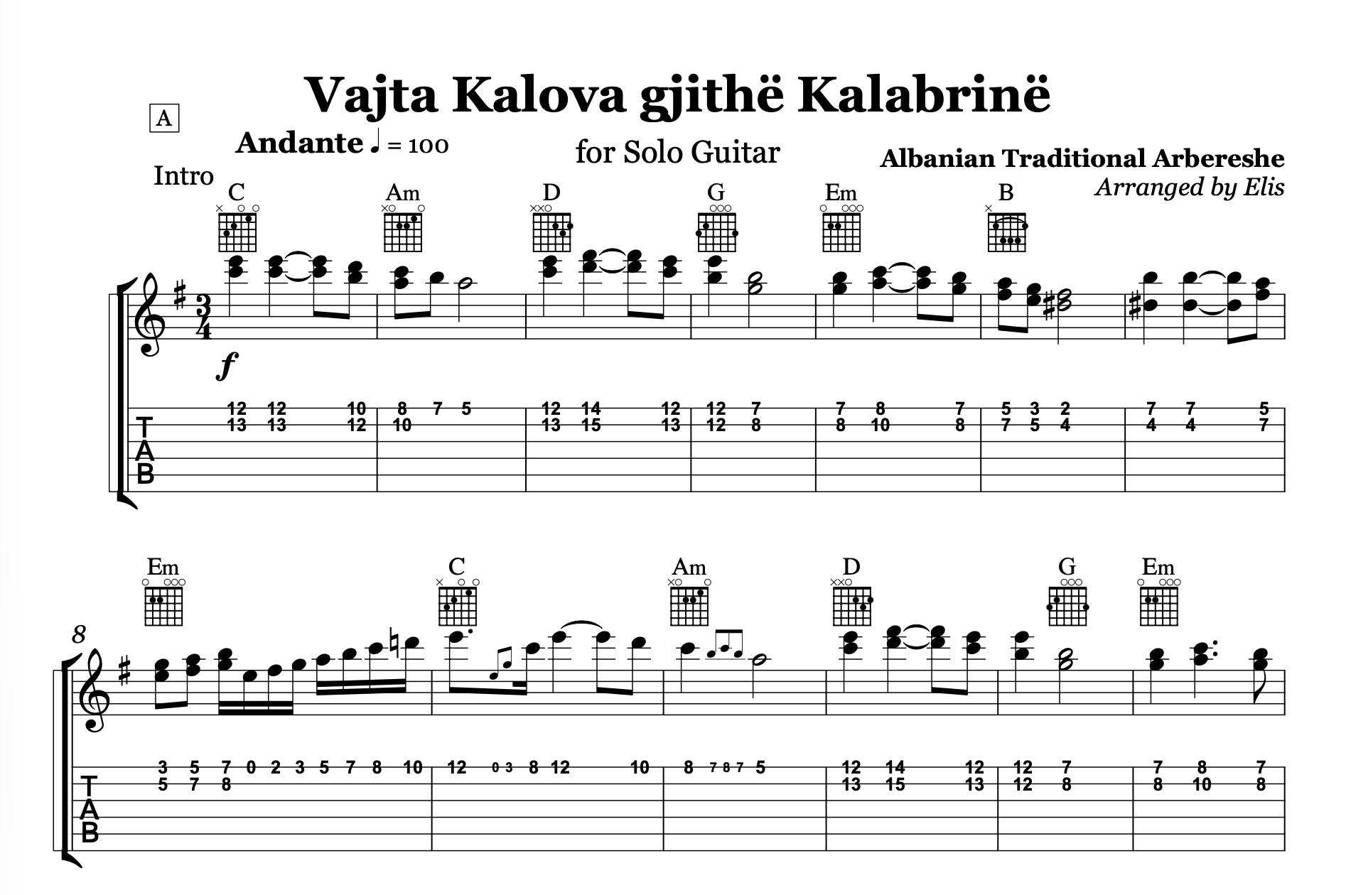 Vajta kalova gjithë Kalabrinë - Lule lule macë macë, Albanian Guitar Sheet Music (Digital PDF Download)