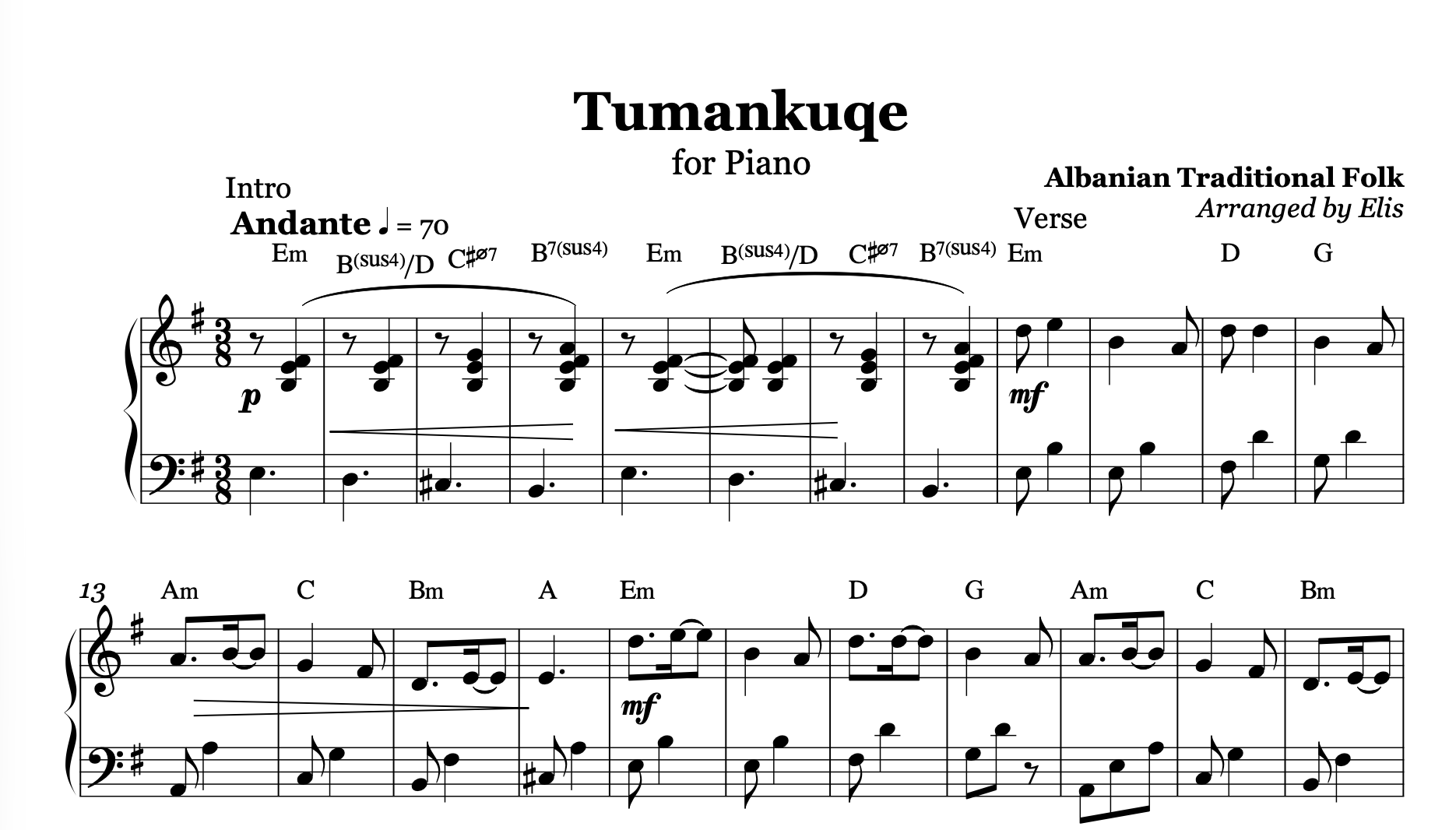 Tumankuqe, Piano Sheet Music and Chords