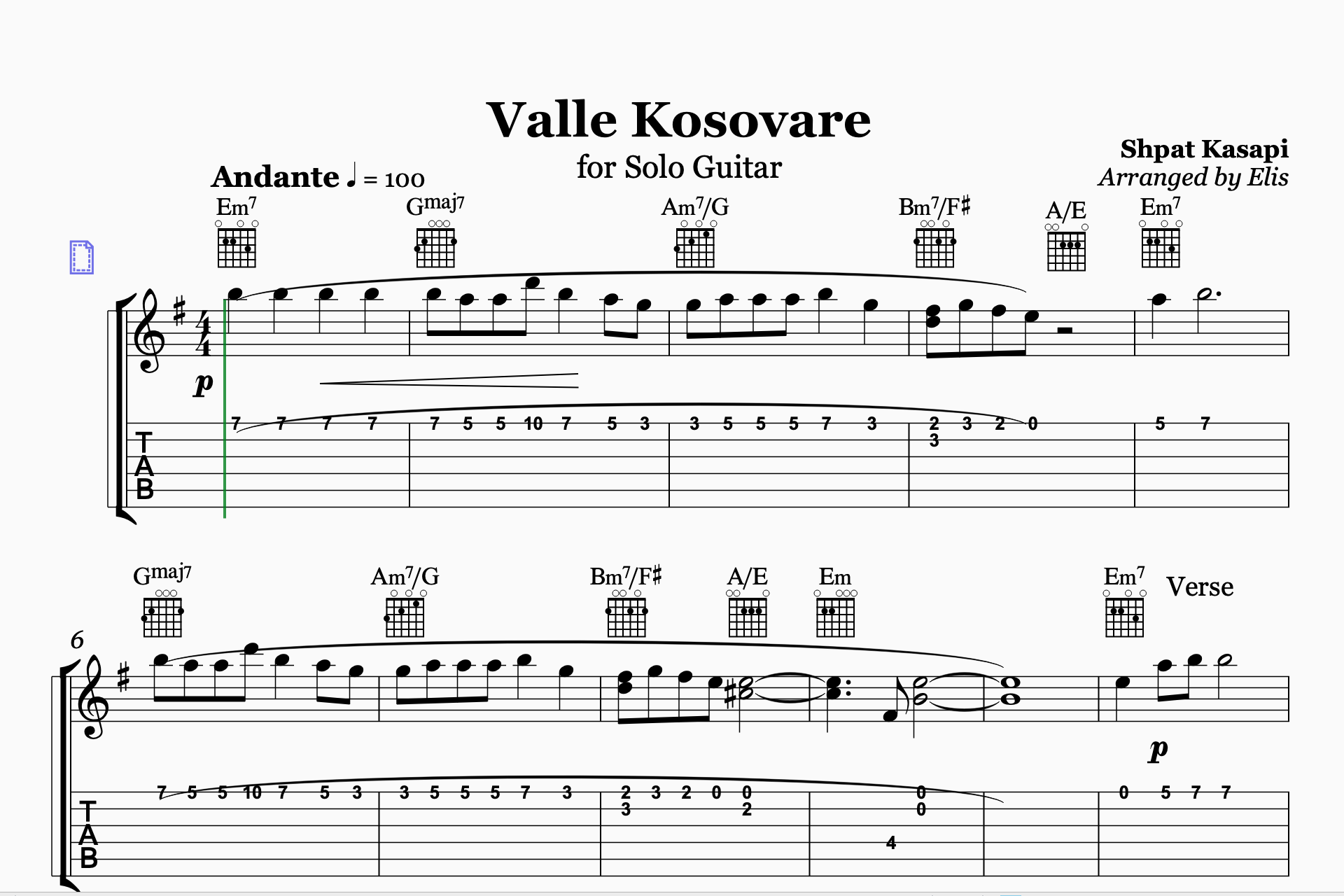 Valle Kosovare, Guitar Sheet Music and Chords