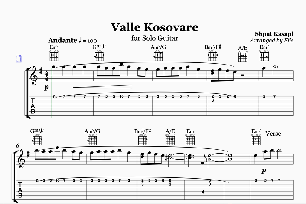 Valle Kosovare, Albanian Guitar Sheet Music