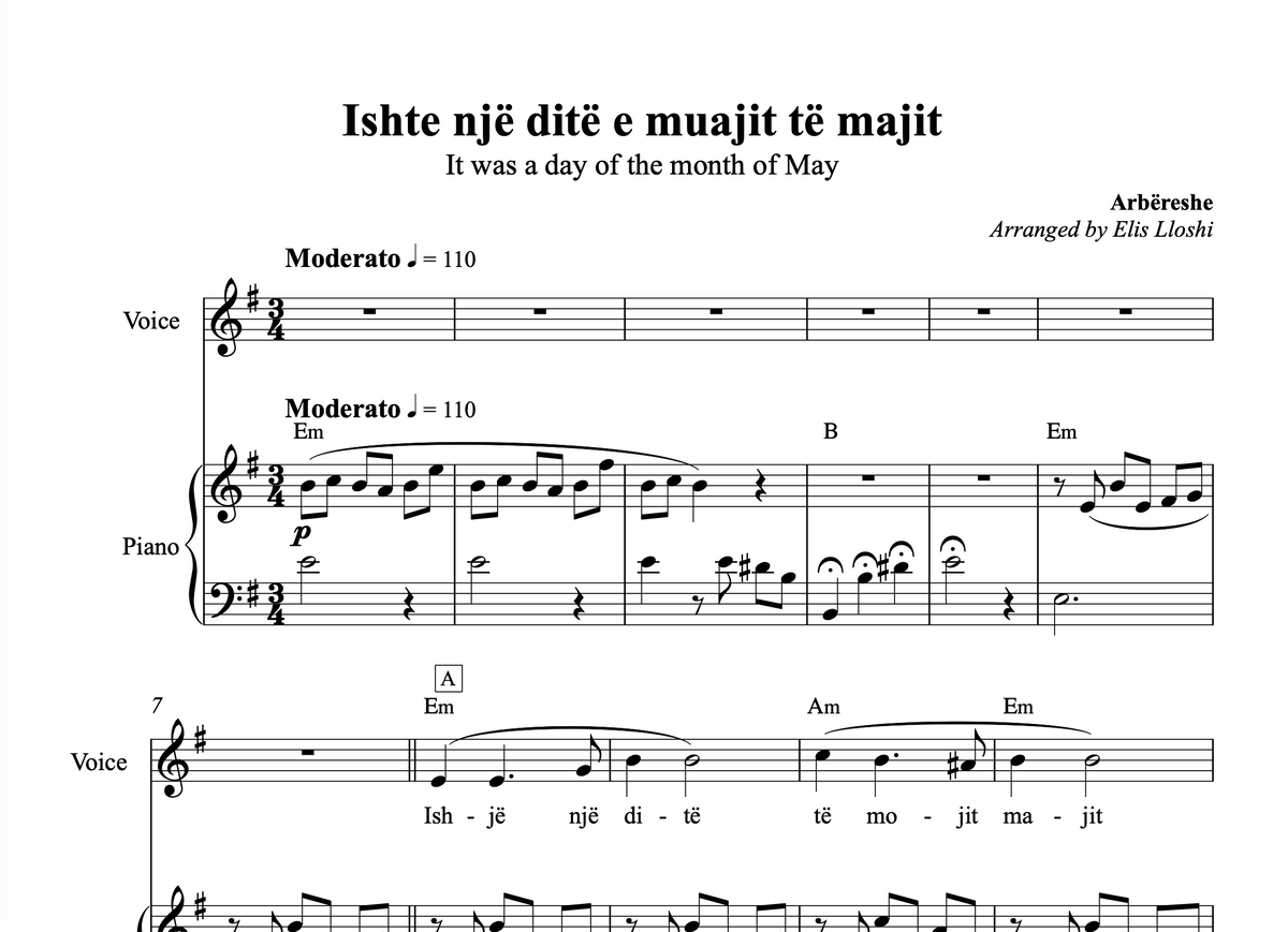 Ishte një ditë e muajit të majit - Arbëreshe - Piano and Voice Sheet Music