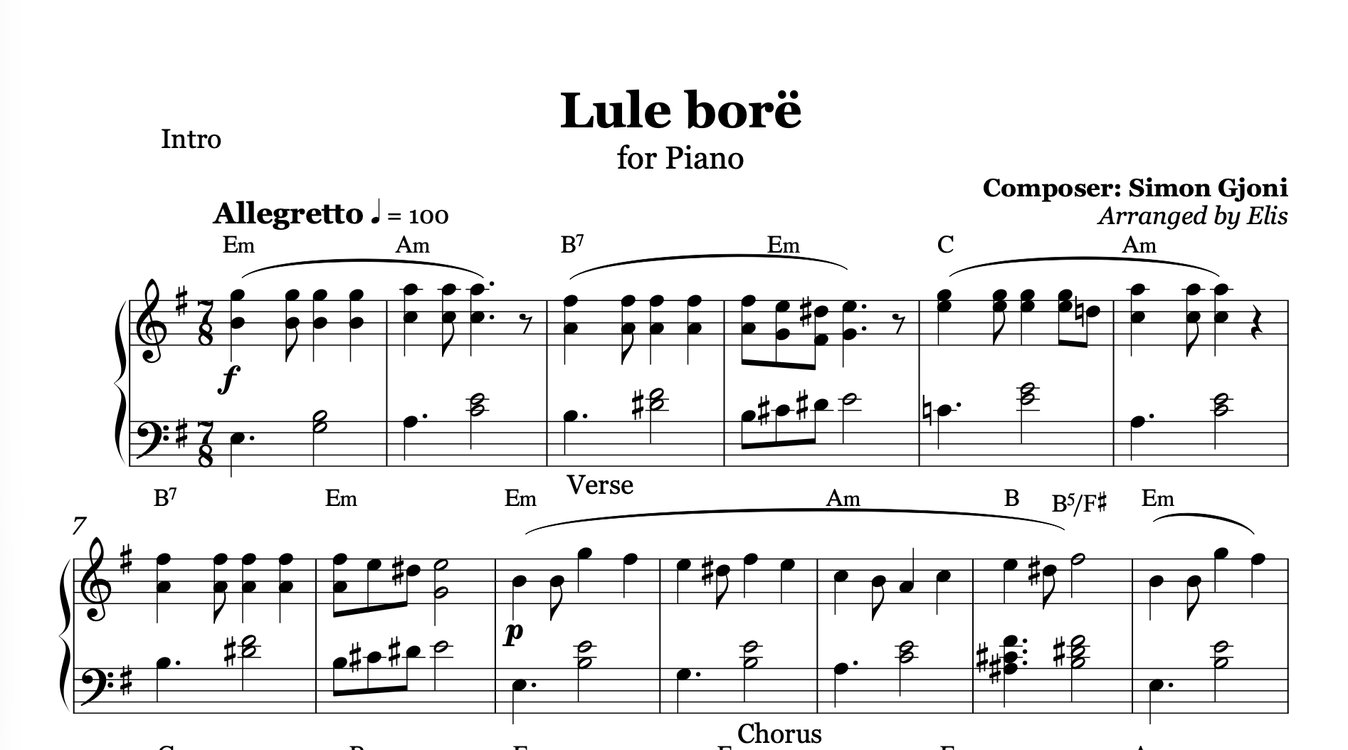 Lule Bore, Piano Sheet Music and Chords
