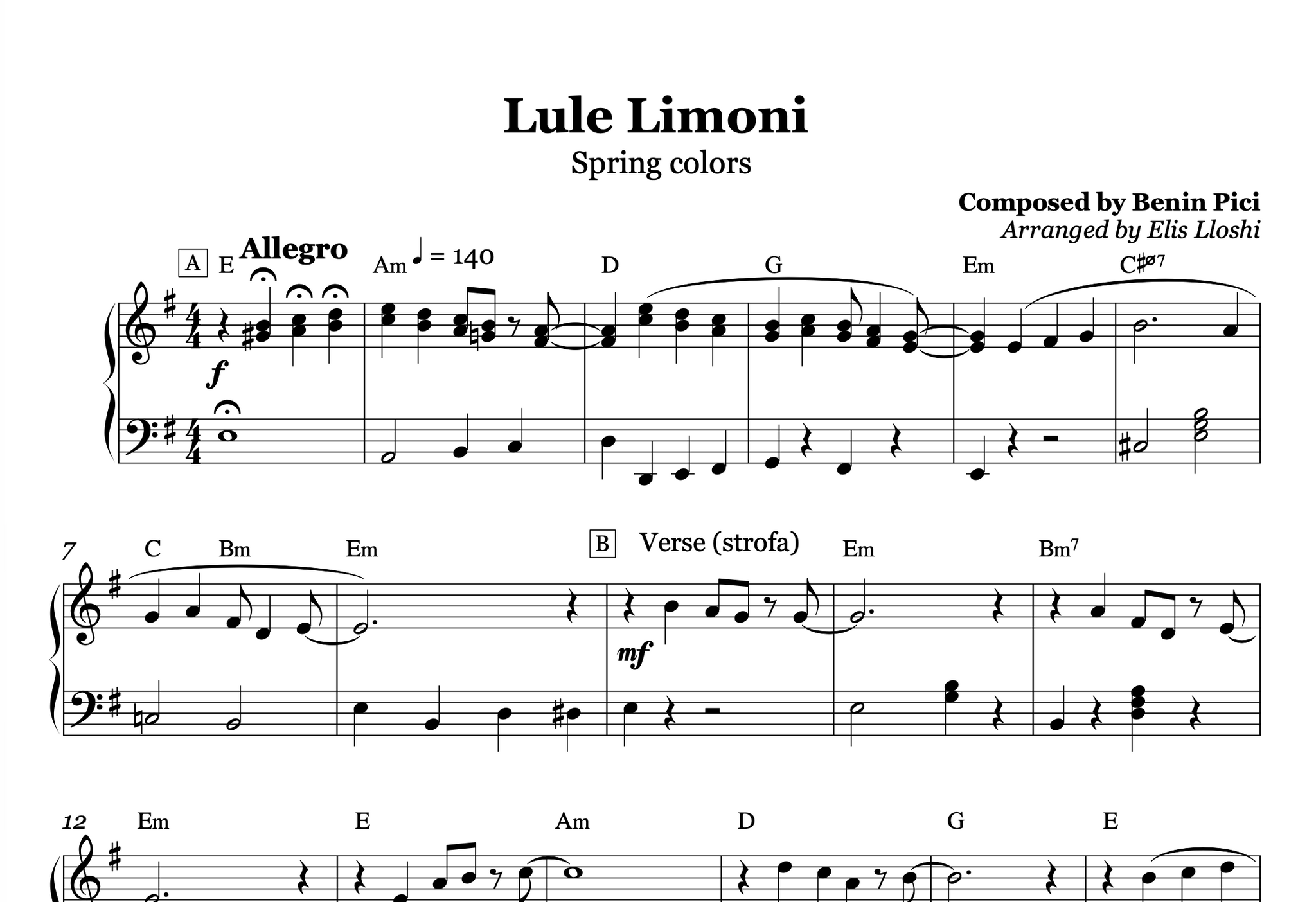 Lule Limoni – Sidrit Bejleri Piano Sheet Music PDF (Easy/Intermediate)
