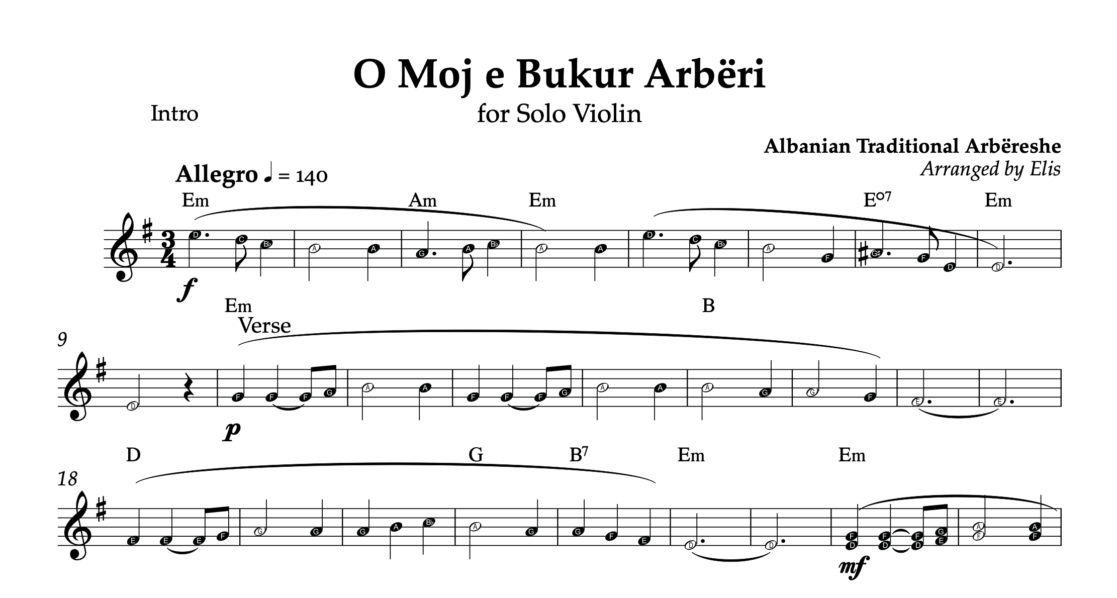 O Moj e Bukur Arbëri, Violin Sheet Music and Chords