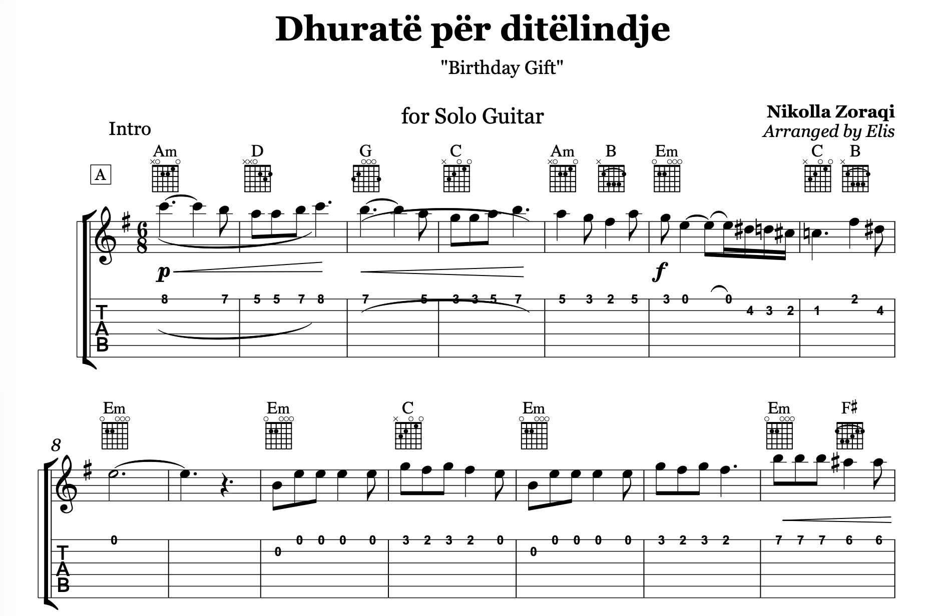 Dhuratë për ditëlindje, Guitar sheet + Chords