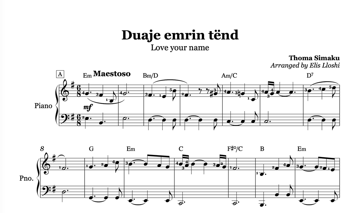 Duaje emrin tënd - Piano Soundtrack Sheet Music