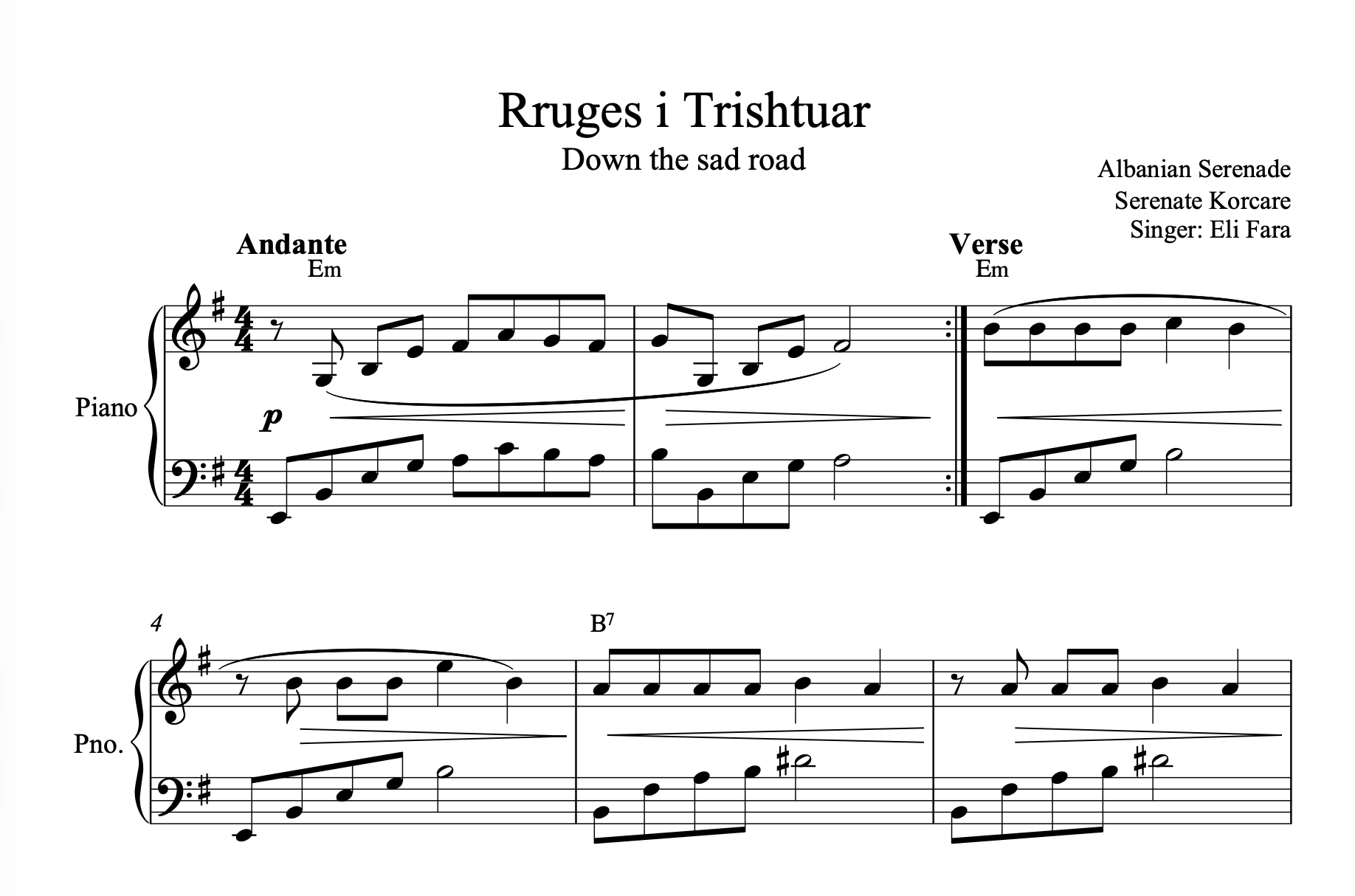 Rruges i trishtuar, Albanian Piano Sheet Music