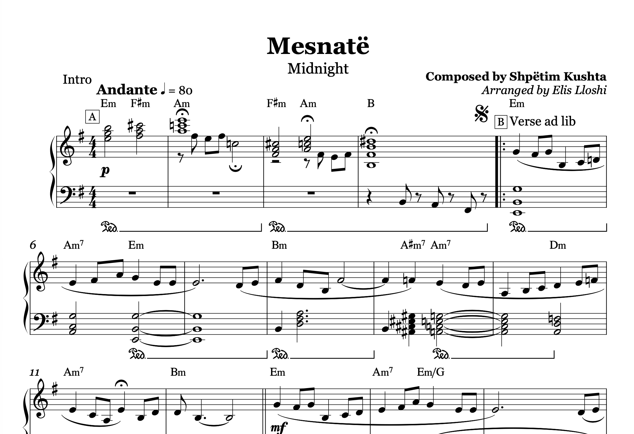 Mesnatë – Vaçe Zela Piano Sheet Music PDF (Intermediate Level)