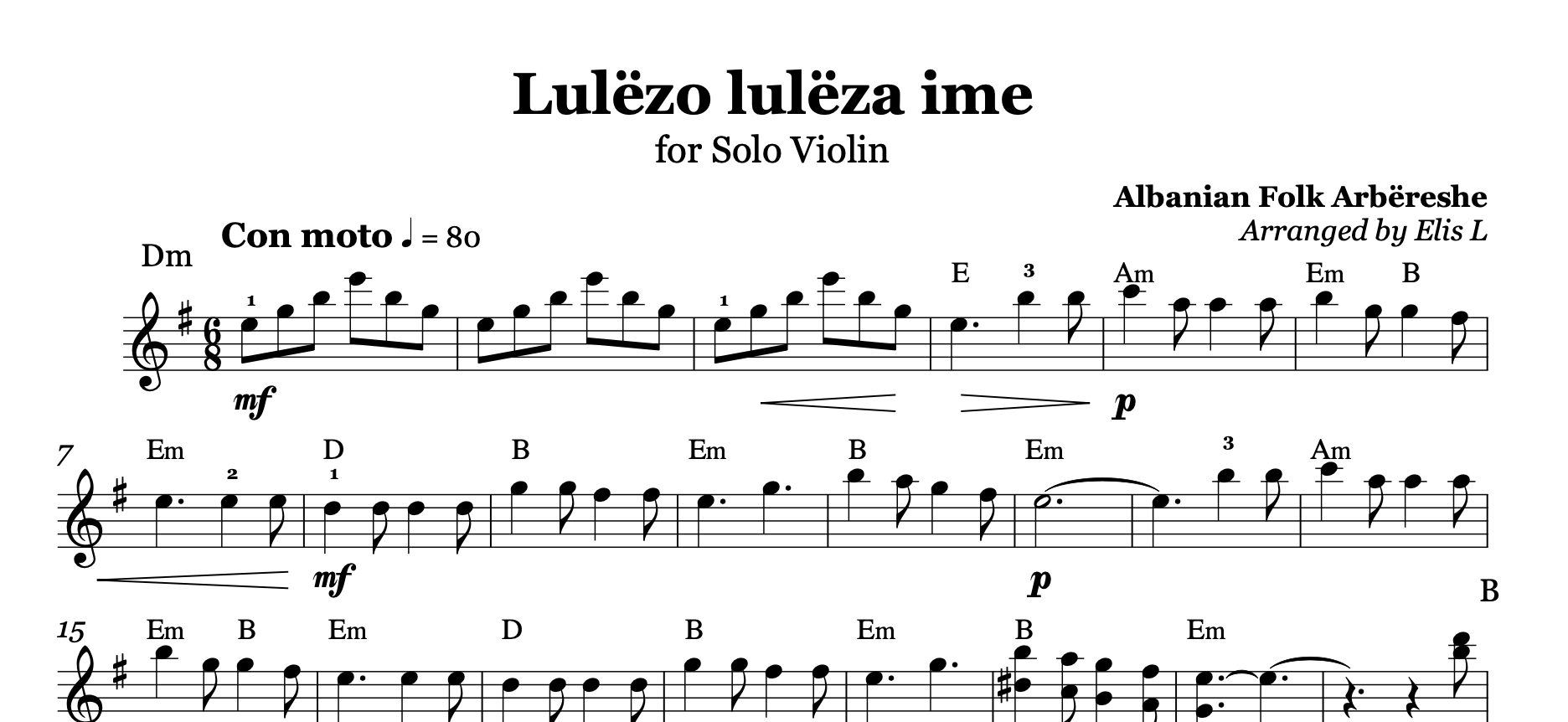 Luleza ime, Albanian Violin Sheet Music