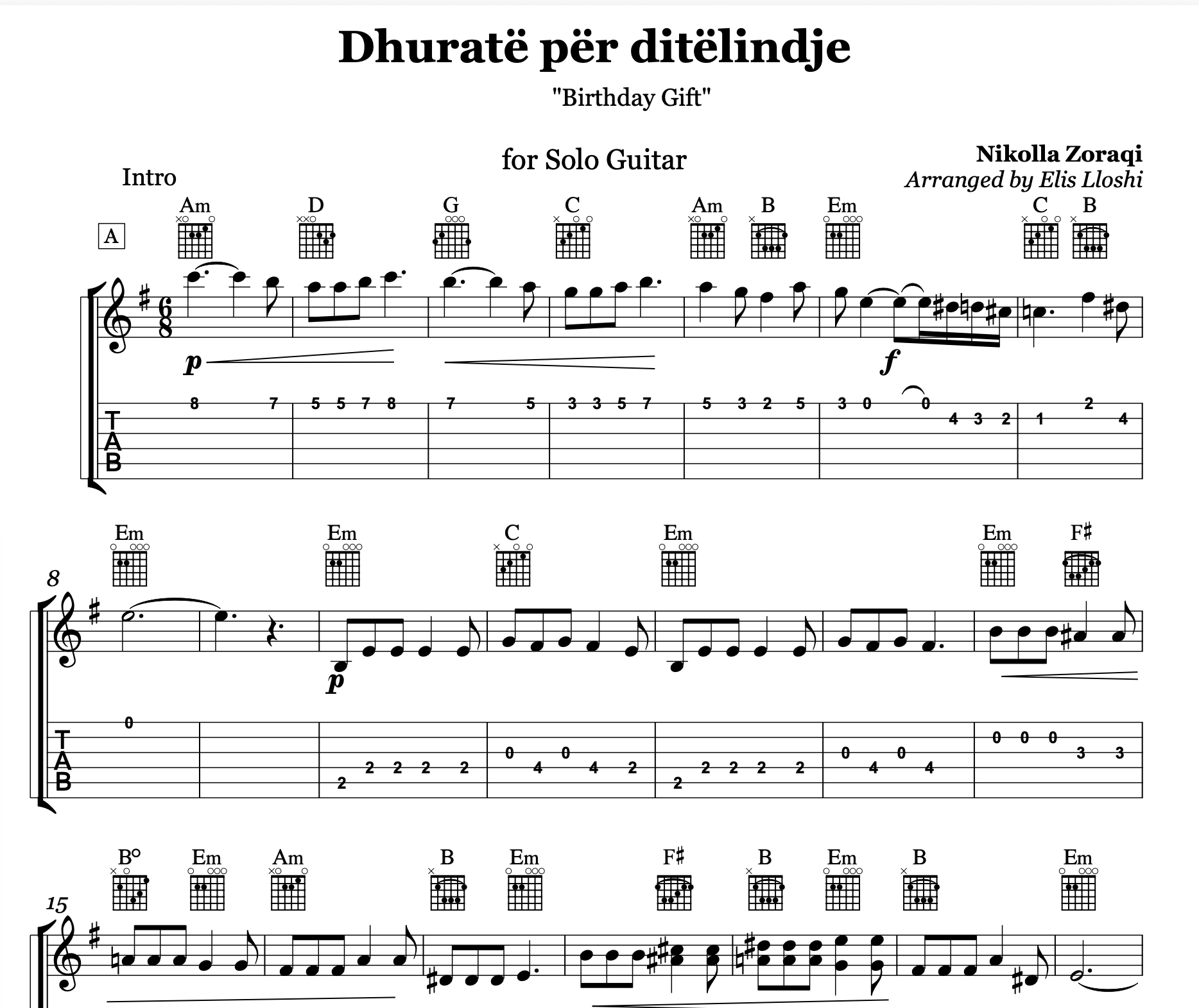 Dhuratë për ditëlindje, Albanian Guitar Sheet Music