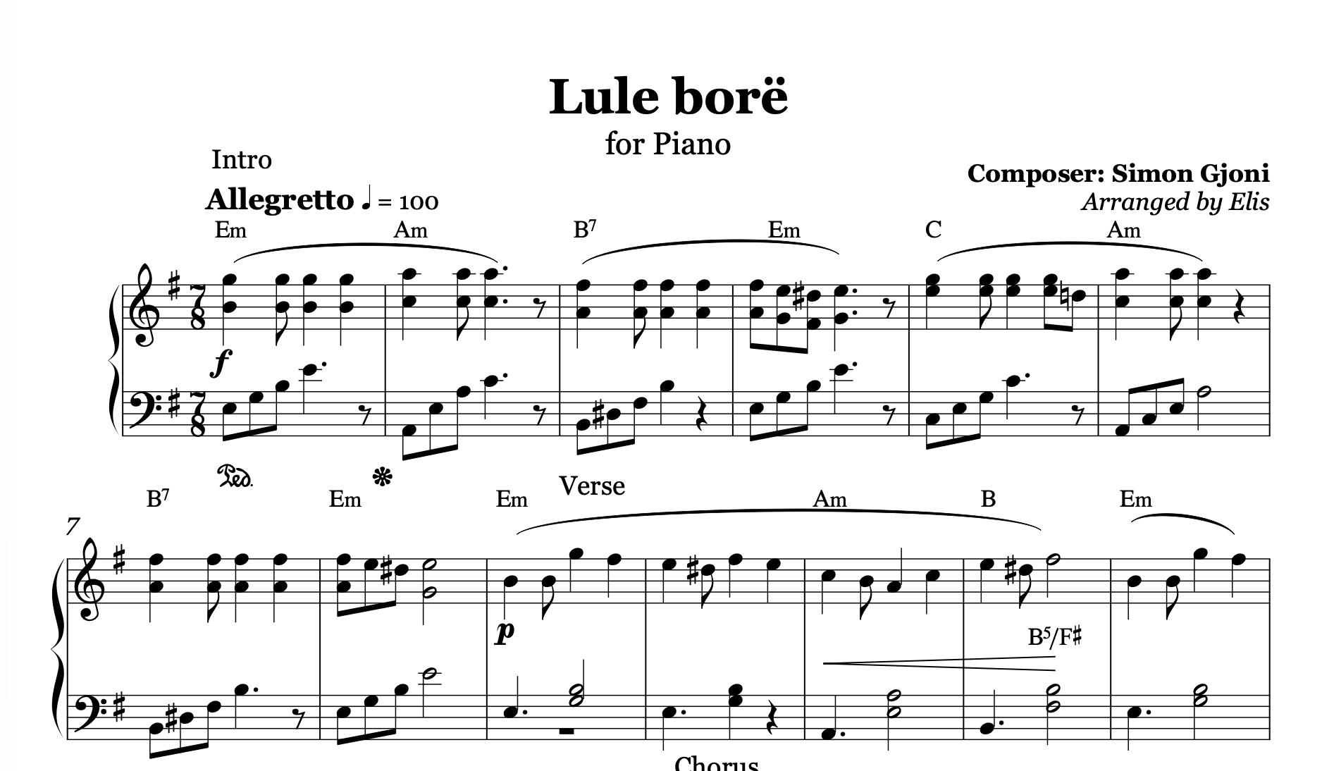 Lule Bore, Piano Sheet Music and Chords