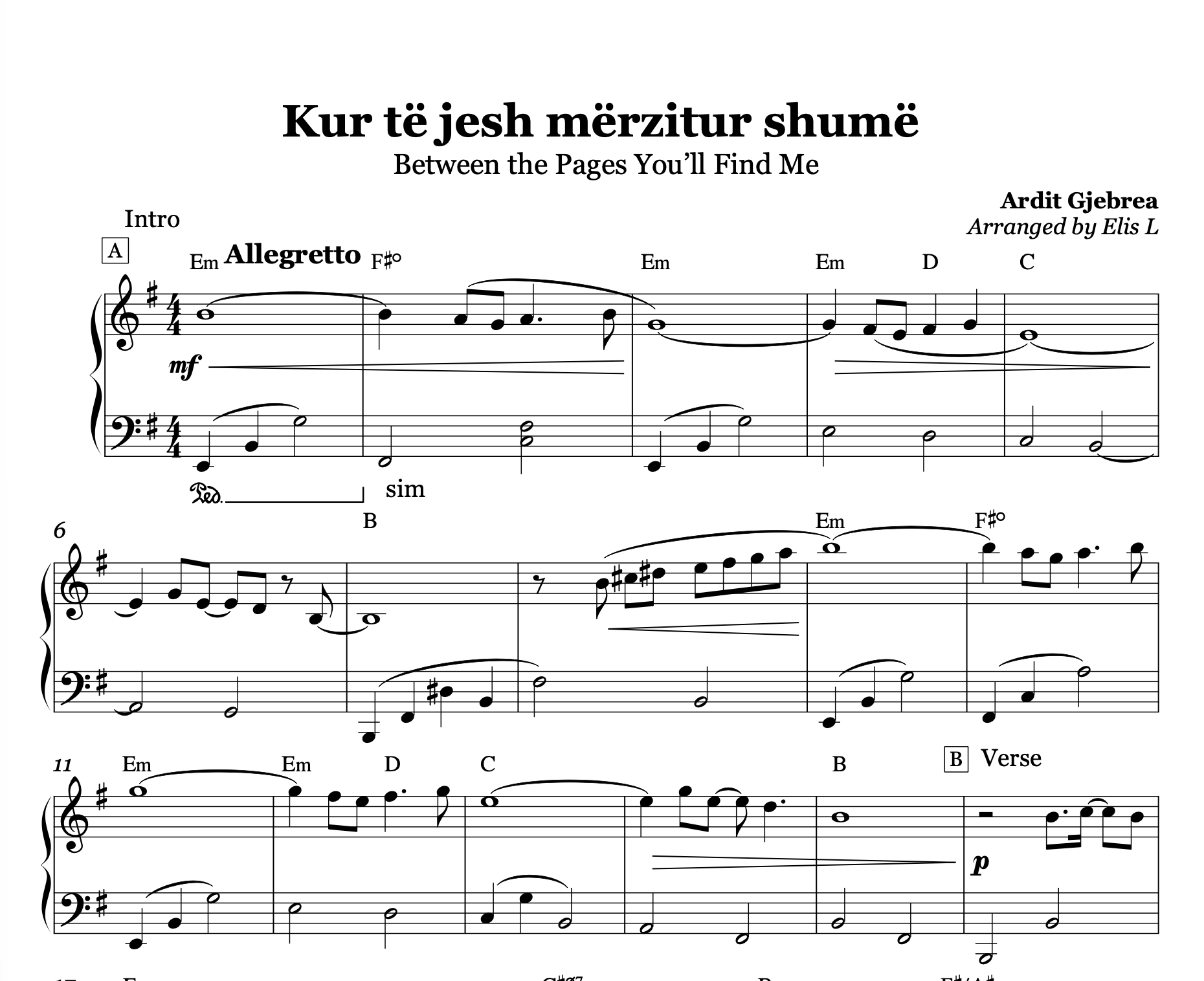 Kur të jesh mërzitur shumë, Albanian Piano Sheet Music