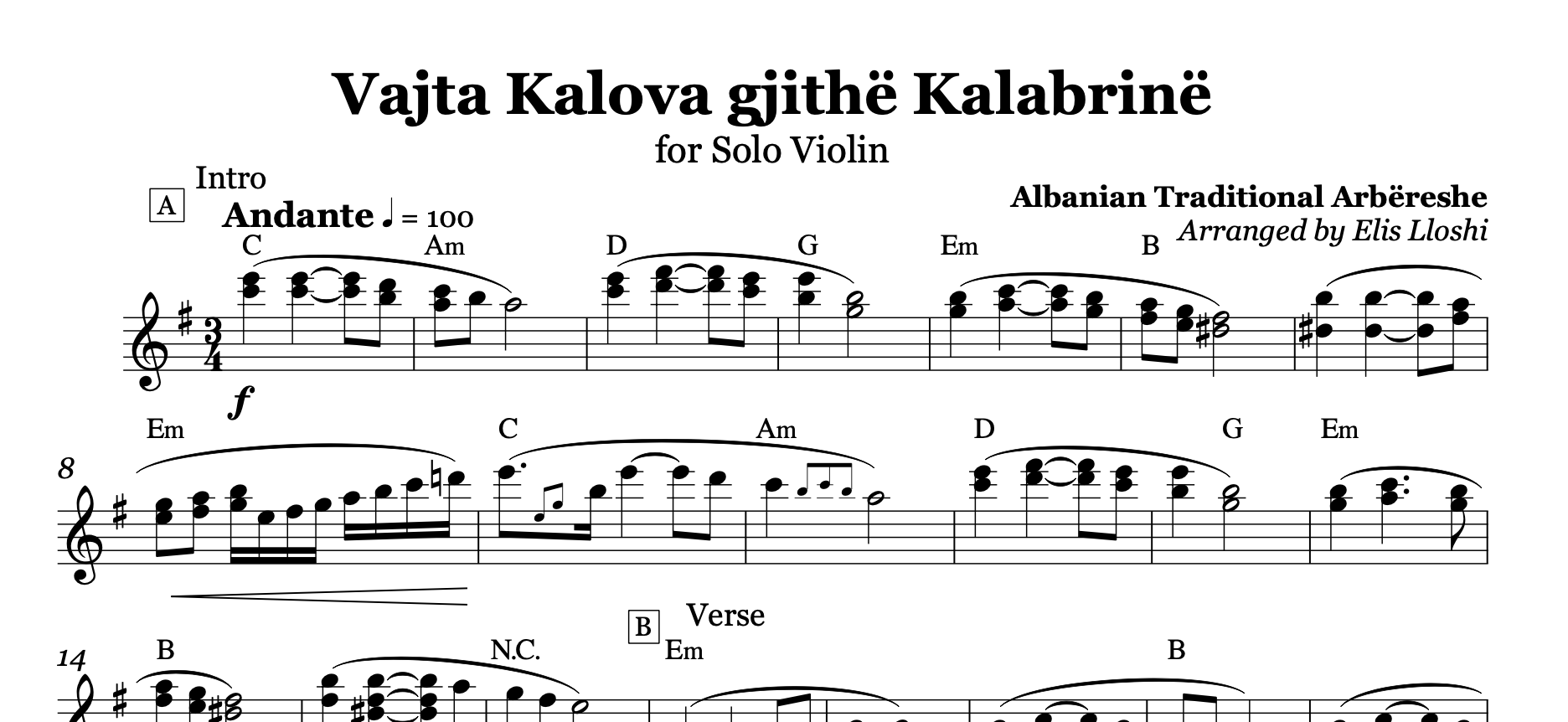 Vajta kalova gjithë Kalabrinë - Lule lule macë macë, Albanian Violin Sheet Music